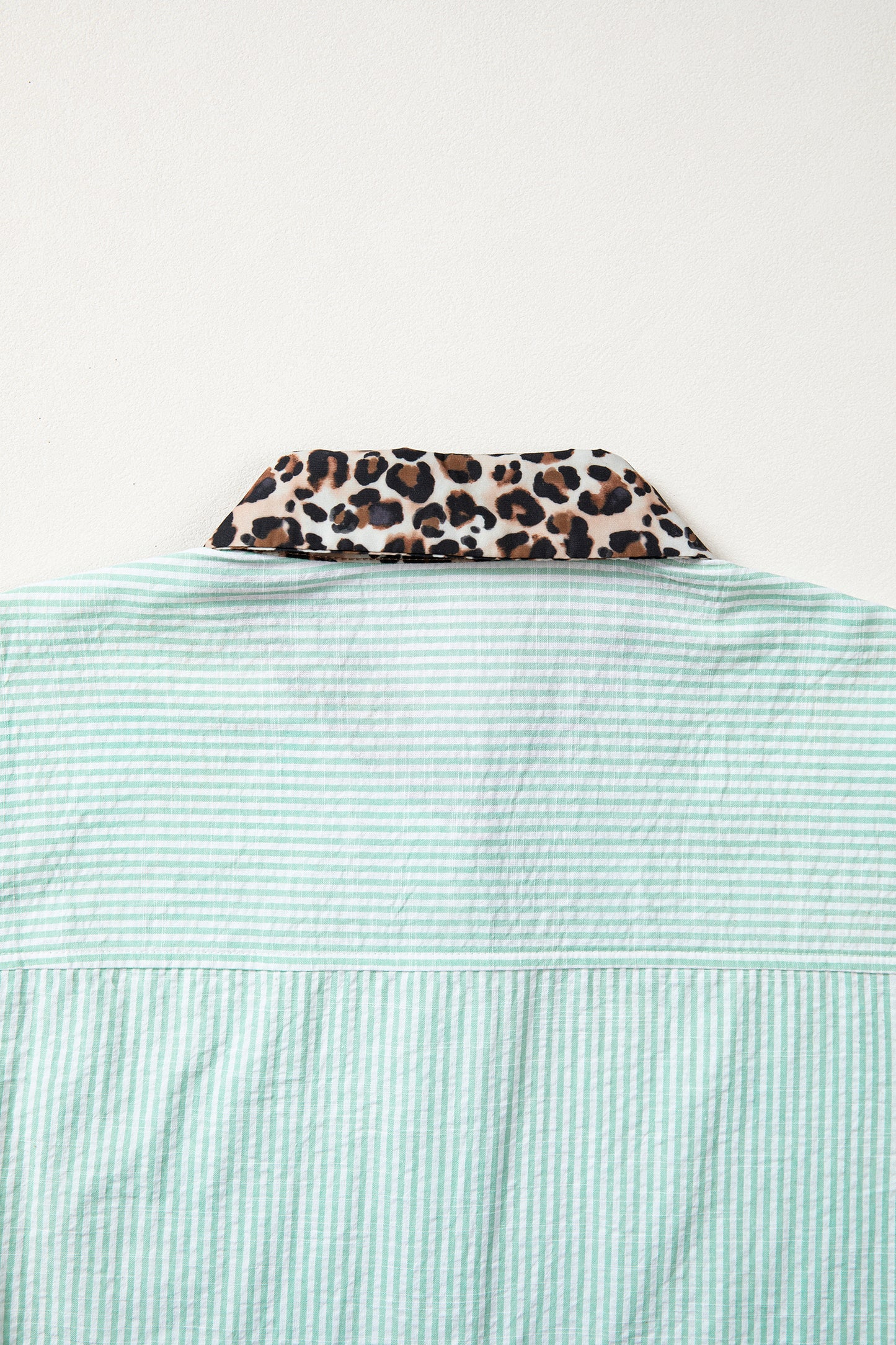 Sky Blue Stripe Leopard Contrast Collar Short Sleeve Shirt-Tops/Blouses & Shirts-[Adult]-[Female]-2022 Online Blue Zone Planet