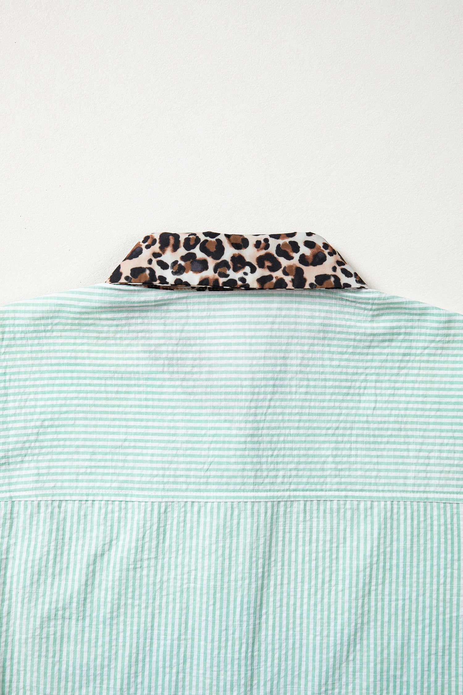 Sky Blue Stripe Leopard Contrast Collar Short Sleeve Shirt-Tops/Blouses & Shirts-[Adult]-[Female]-2022 Online Blue Zone Planet