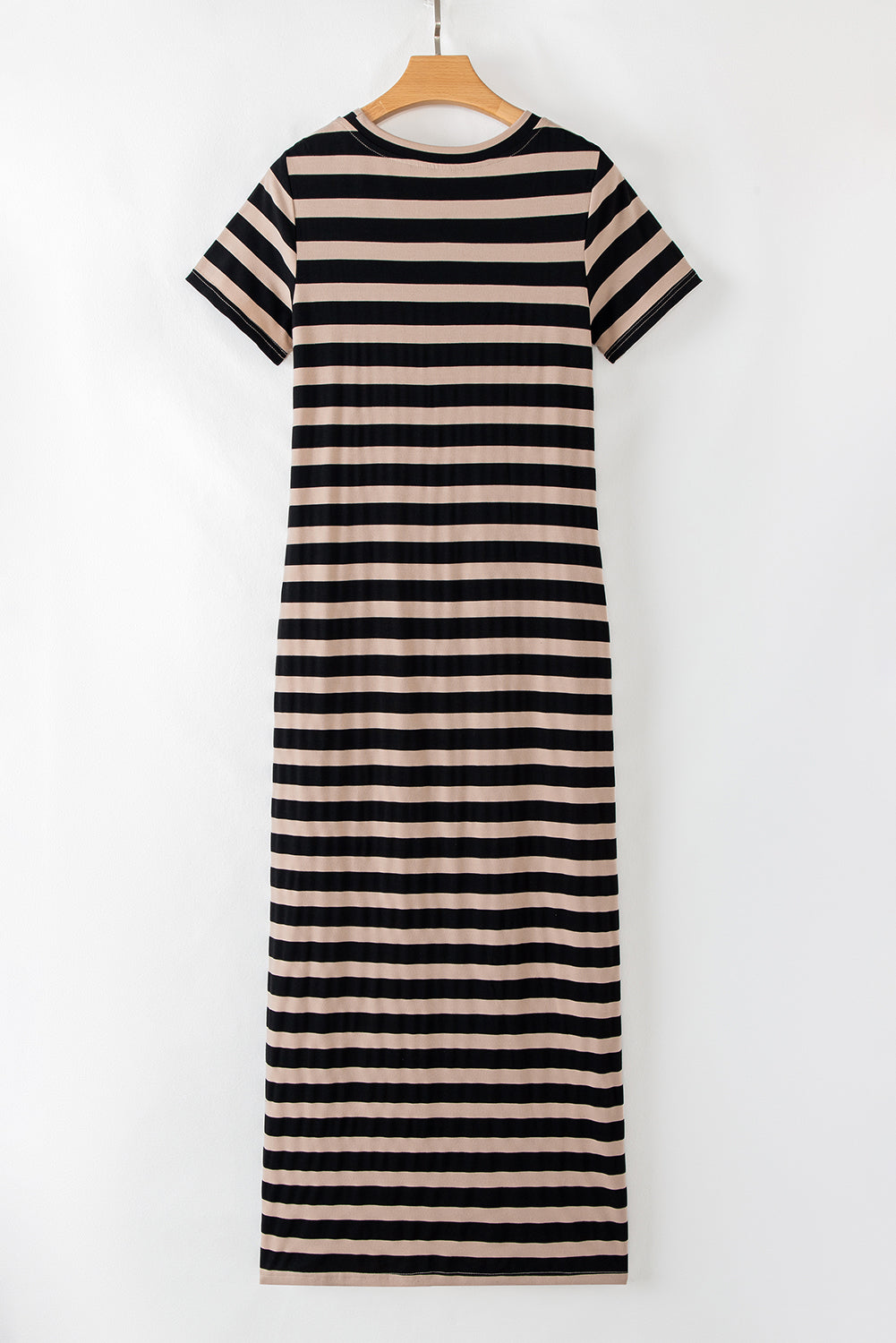 Black Stripe Casual Round Neck T-Shirt Maxi Dress With Pockets-Dresses/T Shirt Dresses-[Adult]-[Female]-2022 Online Blue Zone Planet