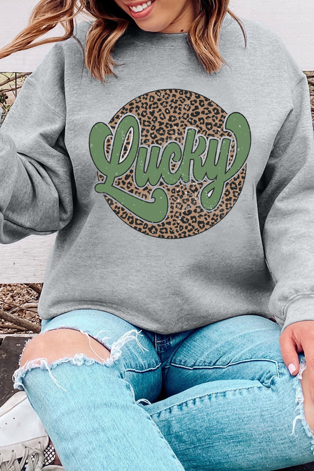 Gray Leopard Lucky Graphic Crewneck St Patrick Pullover Sweatshirt-Graphic Sweatshirts-[Adult]-[Female]-Gray-S-2022 Online Blue Zone Planet