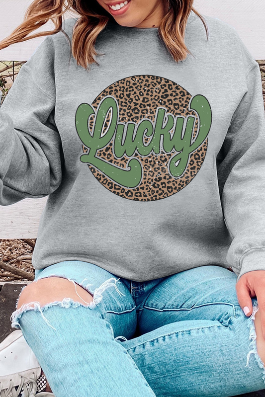 Gray Leopard Lucky Graphic Crewneck St Patrick Pullover Sweatshirt-Graphic Sweatshirts-[Adult]-[Female]-Gray-S-2022 Online Blue Zone Planet