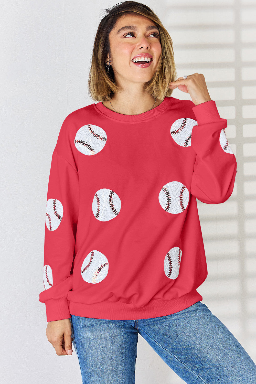 Sequin Baseball Round Neck Dropped Shoulder Sweatshirt-TOPS / DRESSES-[Adult]-[Female]-Red-S-2022 Online Blue Zone Planet