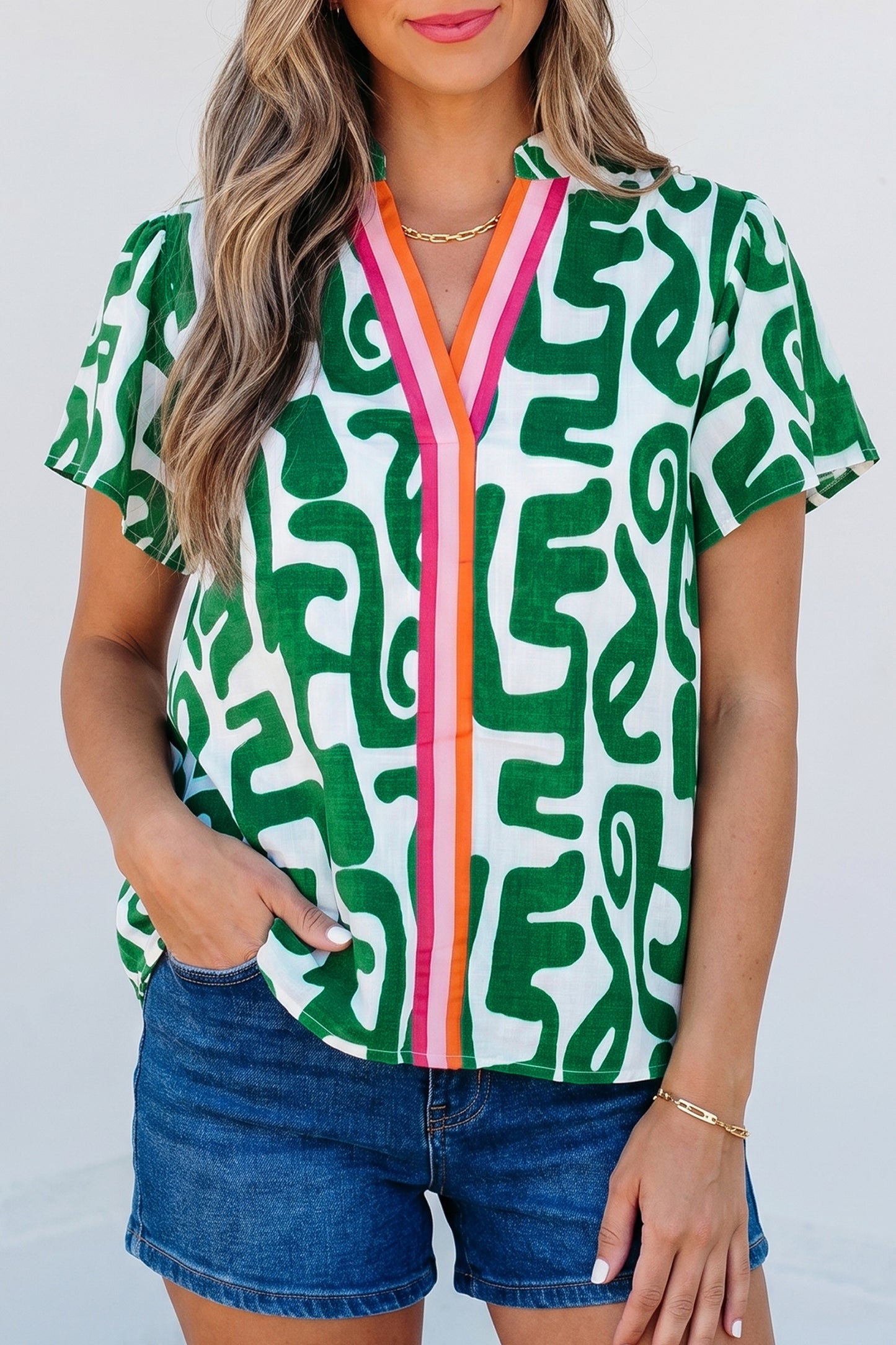Green Abstract Print Striped Trim V Neck Short Sleeve Blouse-Tops/Blouses & Shirts-[Adult]-[Female]-2022 Online Blue Zone Planet