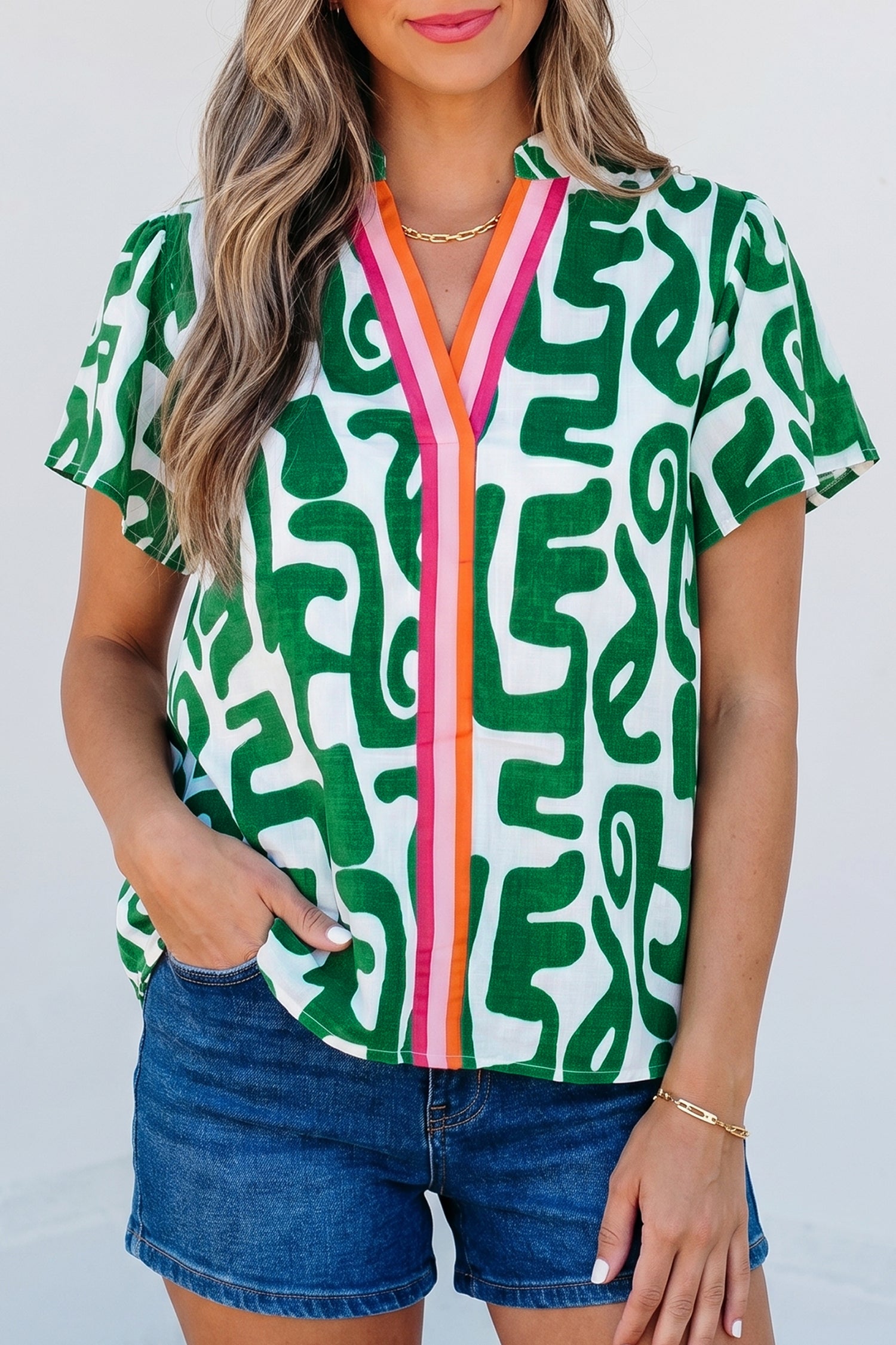 Green Abstract Print Striped Trim V Neck Short Sleeve Blouse-Tops/Blouses & Shirts-[Adult]-[Female]-2022 Online Blue Zone Planet