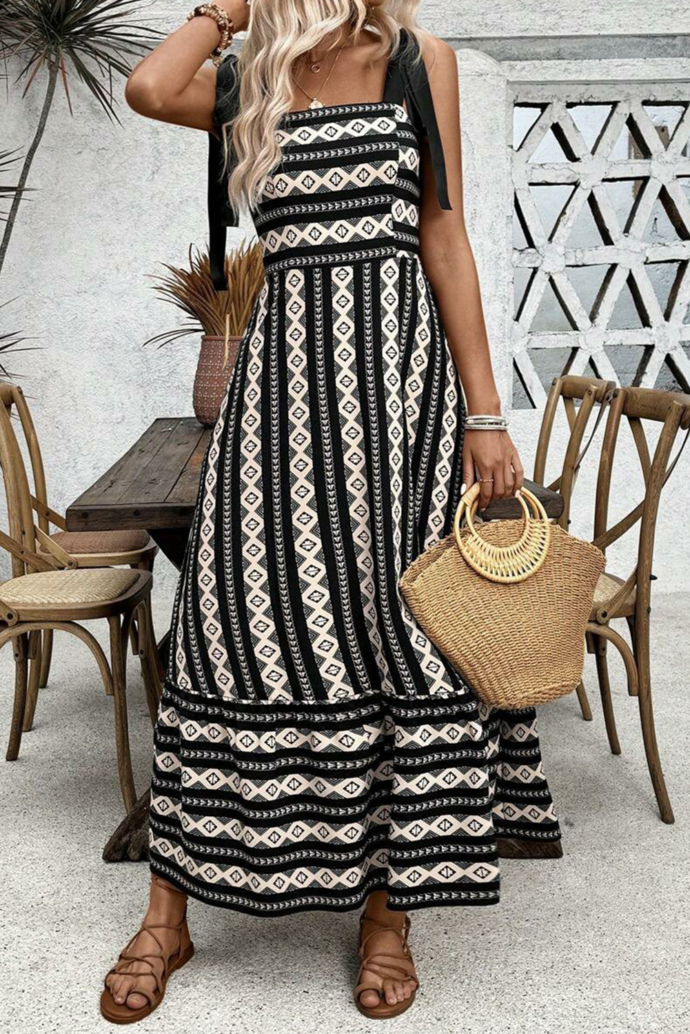 Black Geometric Striped Knot Strap Maxi Dress-Maxi Dresses-[Adult]-[Female]-2022 Online Blue Zone Planet