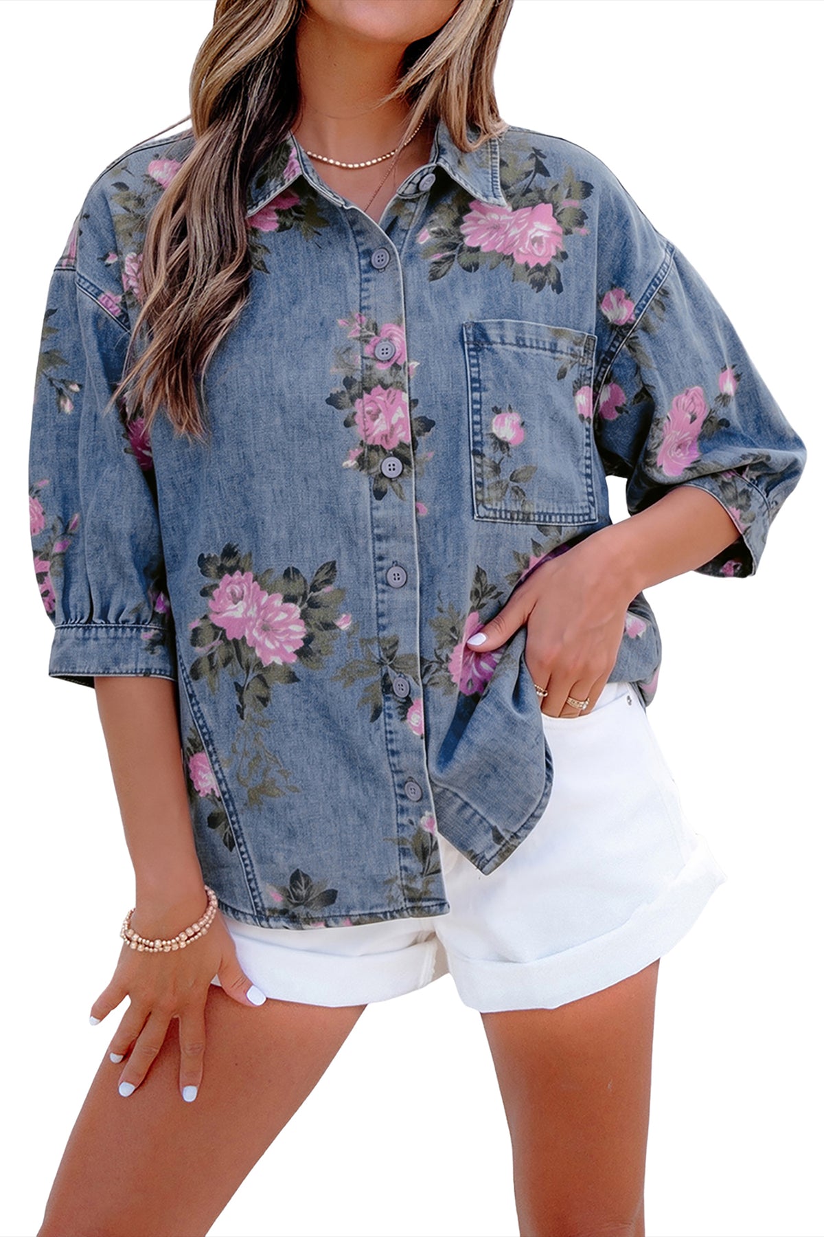 Blue Bracelet Sleeve Floral Denim Shirt-Bracelet-[Adult]-[Female]-2022 Online Blue Zone Planet