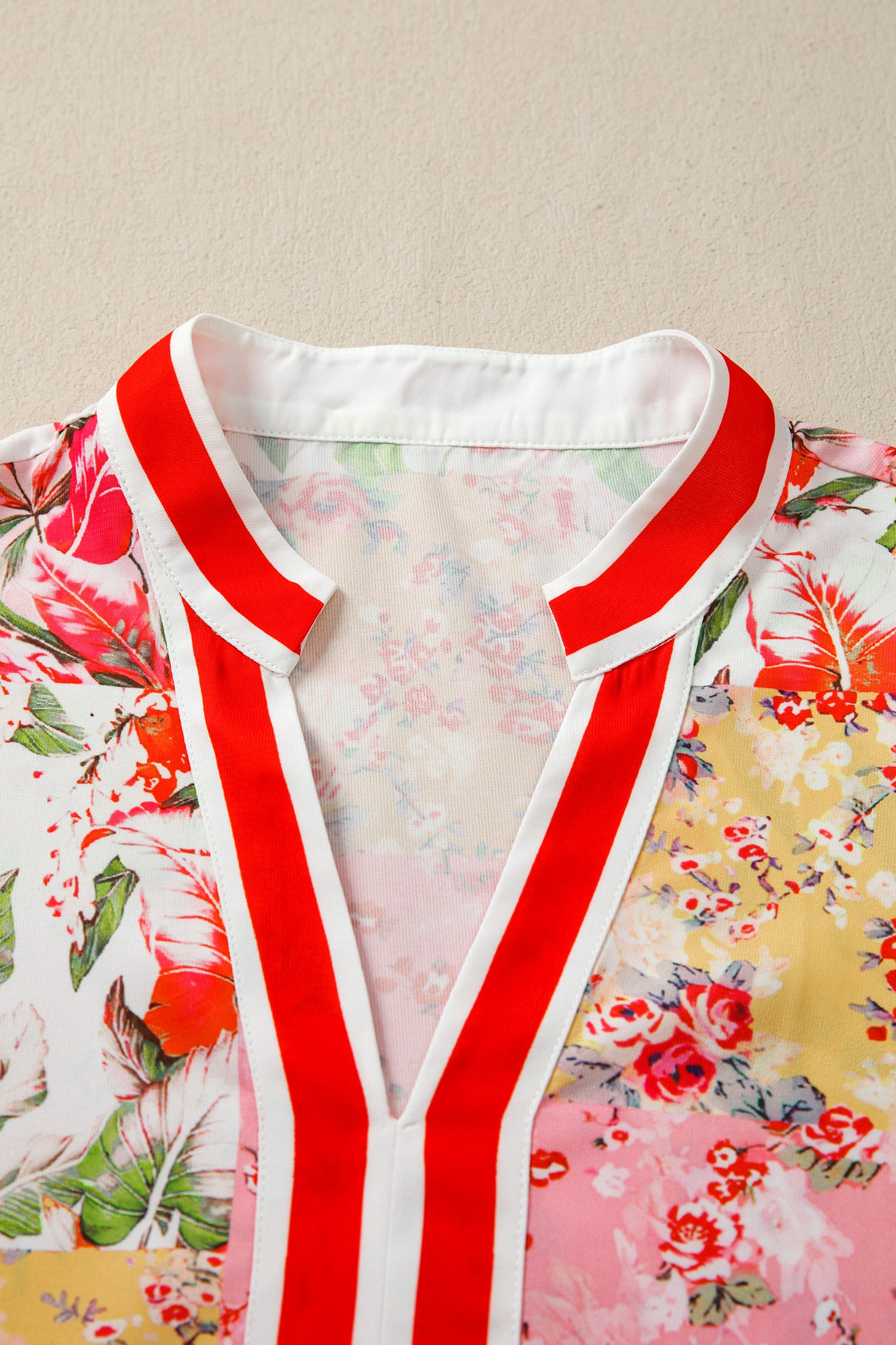 Pink Contrast Collared V Neck Short Sleeve Floral Blouse-Tops/Blouses & Shirts-[Adult]-[Female]-2022 Online Blue Zone Planet