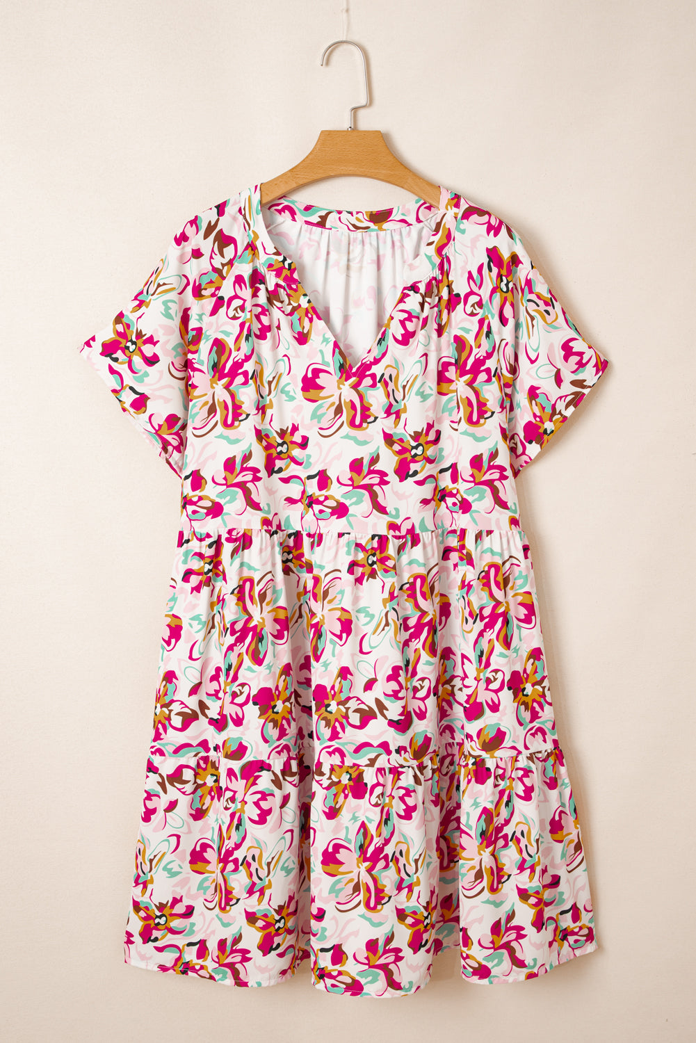 White Abstract Print V Neck Short Sleeve Ruffled Plus Size Mini Dress-TOPS / DRESSES-[Adult]-[Female]-2022 Online Blue Zone Planet