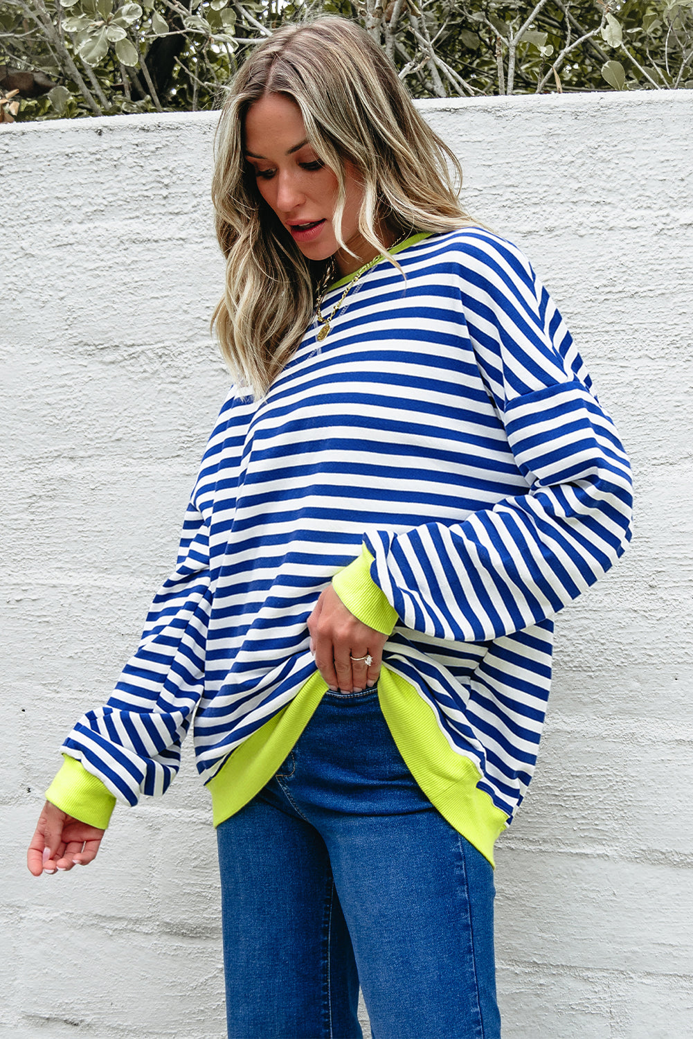 Sky Blue Stripe Striped Contrast Ribbed Trim Crossed Stitch Drop Shoulder Sweatshirt-Tops/Sweatshirts & Hoodies-[Adult]-[Female]-2022 Online Blue Zone Planet