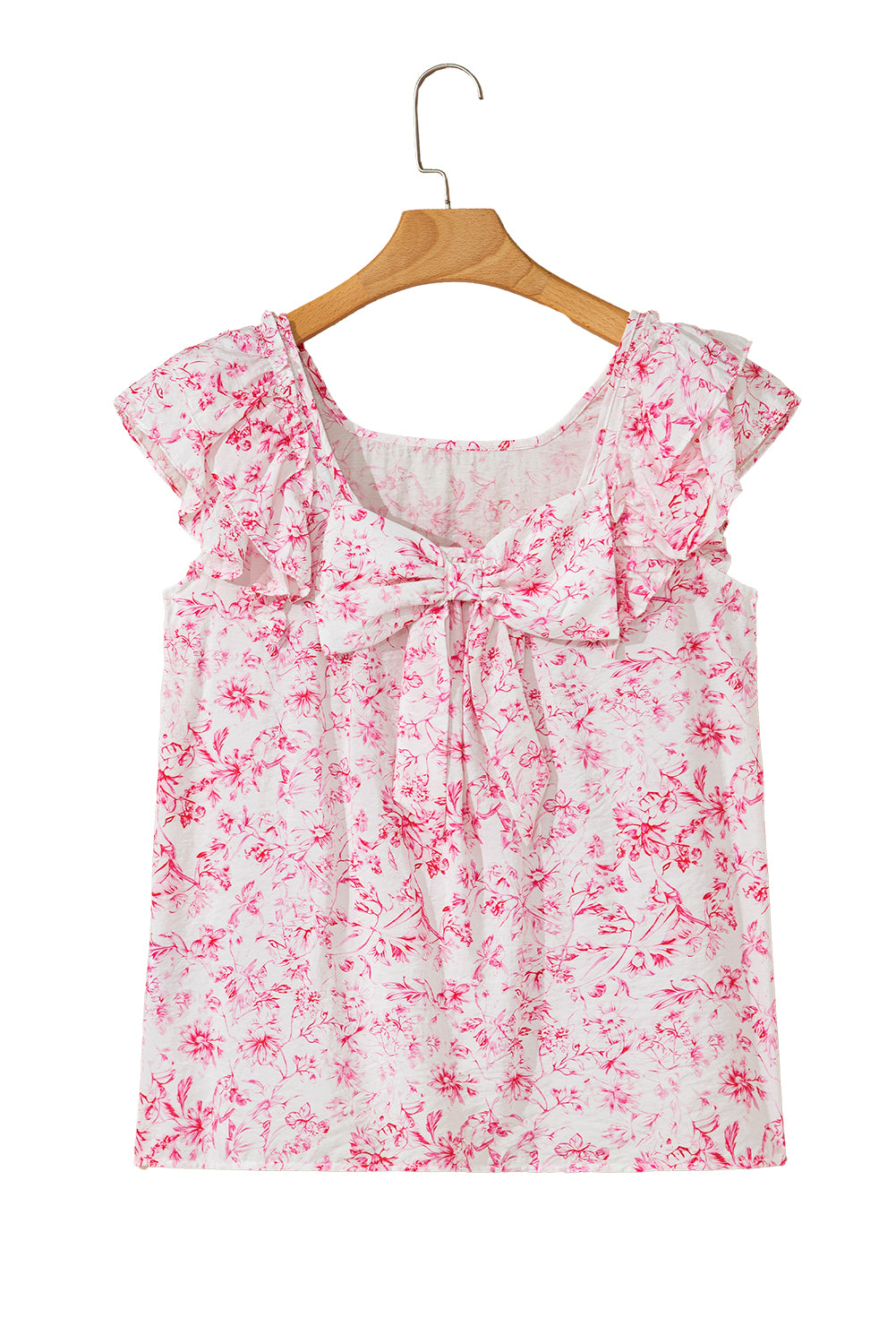 Pink Floral Ruffled Short Sleeve Bow Back Square Neck Blouse-Tops/Blouses & Shirts-[Adult]-[Female]-2022 Online Blue Zone Planet