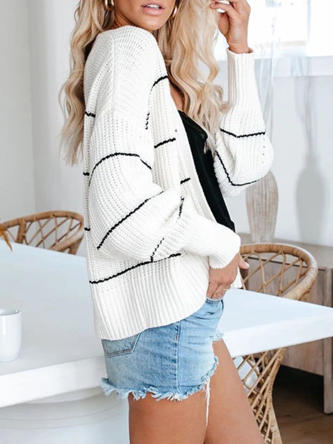 Striped Open Front Long Sleeve Cardigan-TOPS / DRESSES-[Adult]-[Female]-2022 Online Blue Zone Planet