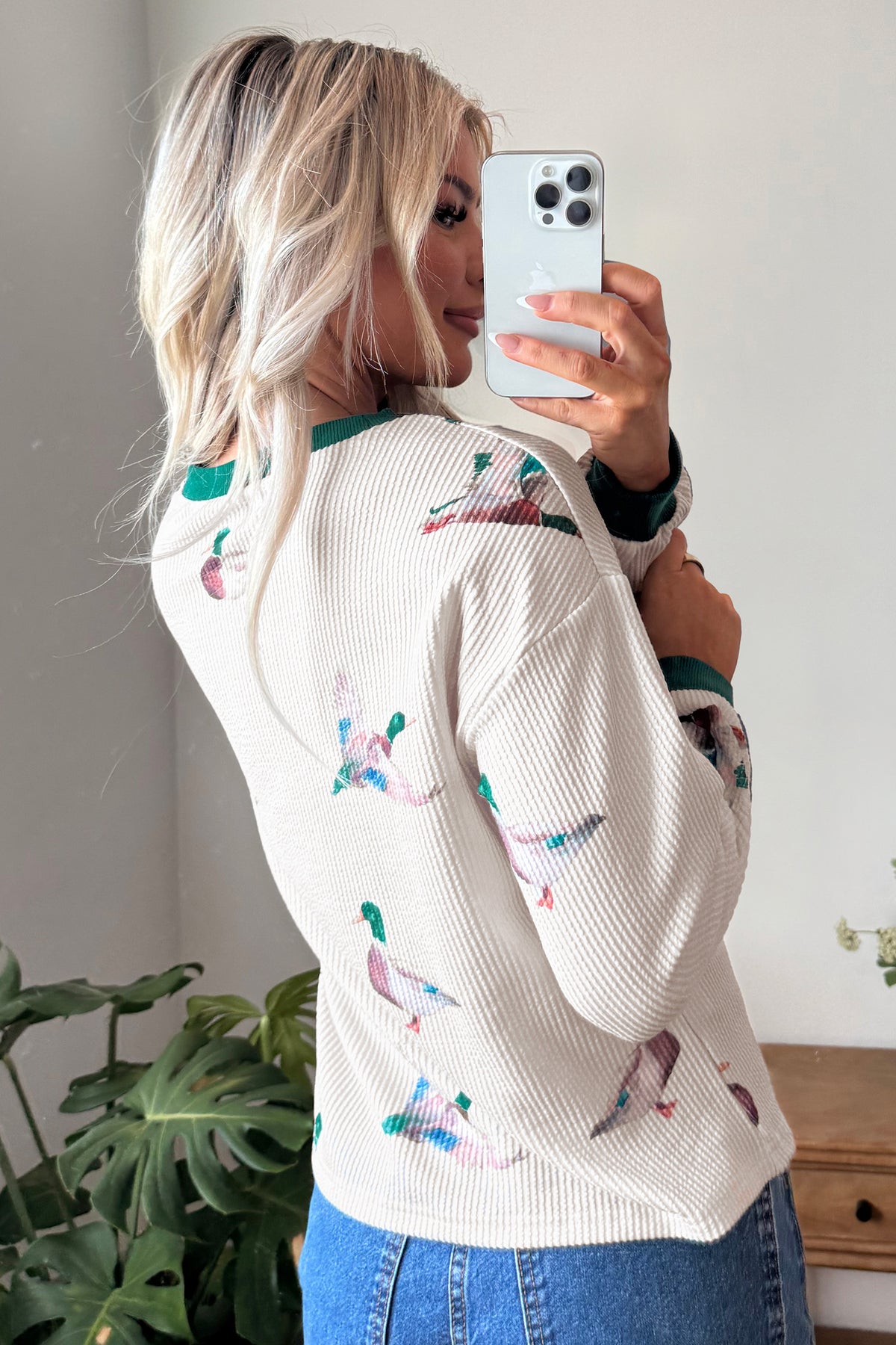 Beige Twisted Ribbed Duck Print Crewneck Casual Pullover Top-Tops/Long Sleeve Tops-[Adult]-[Female]-2022 Online Blue Zone Planet