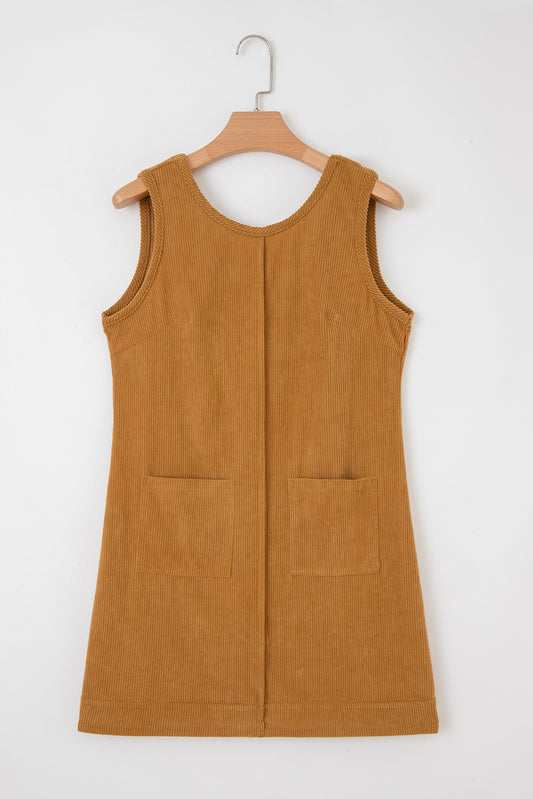 Beige Corduroy Sleeveless Mini Dress With Patched Pockets-TOPS / DRESSES-[Adult]-[Female]-Beige-S-2022 Online Blue Zone Planet
