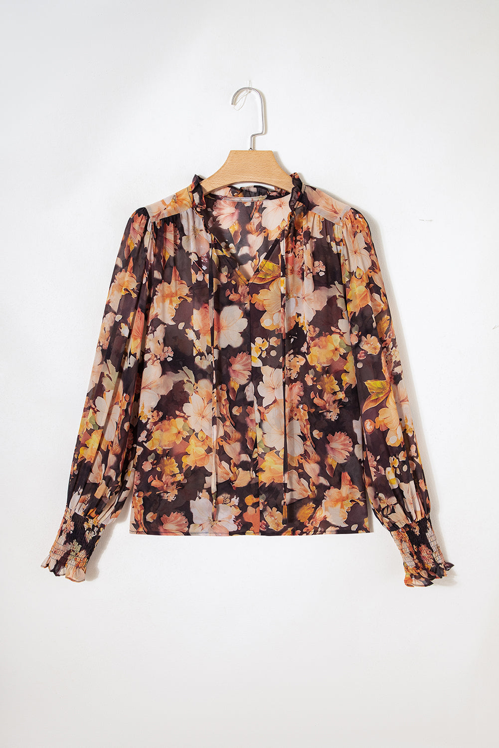 Black Floral V Neck Long Puff Sleeve Breezy Blouse-Tops/Blouses & Shirts-[Adult]-[Female]-2022 Online Blue Zone Planet