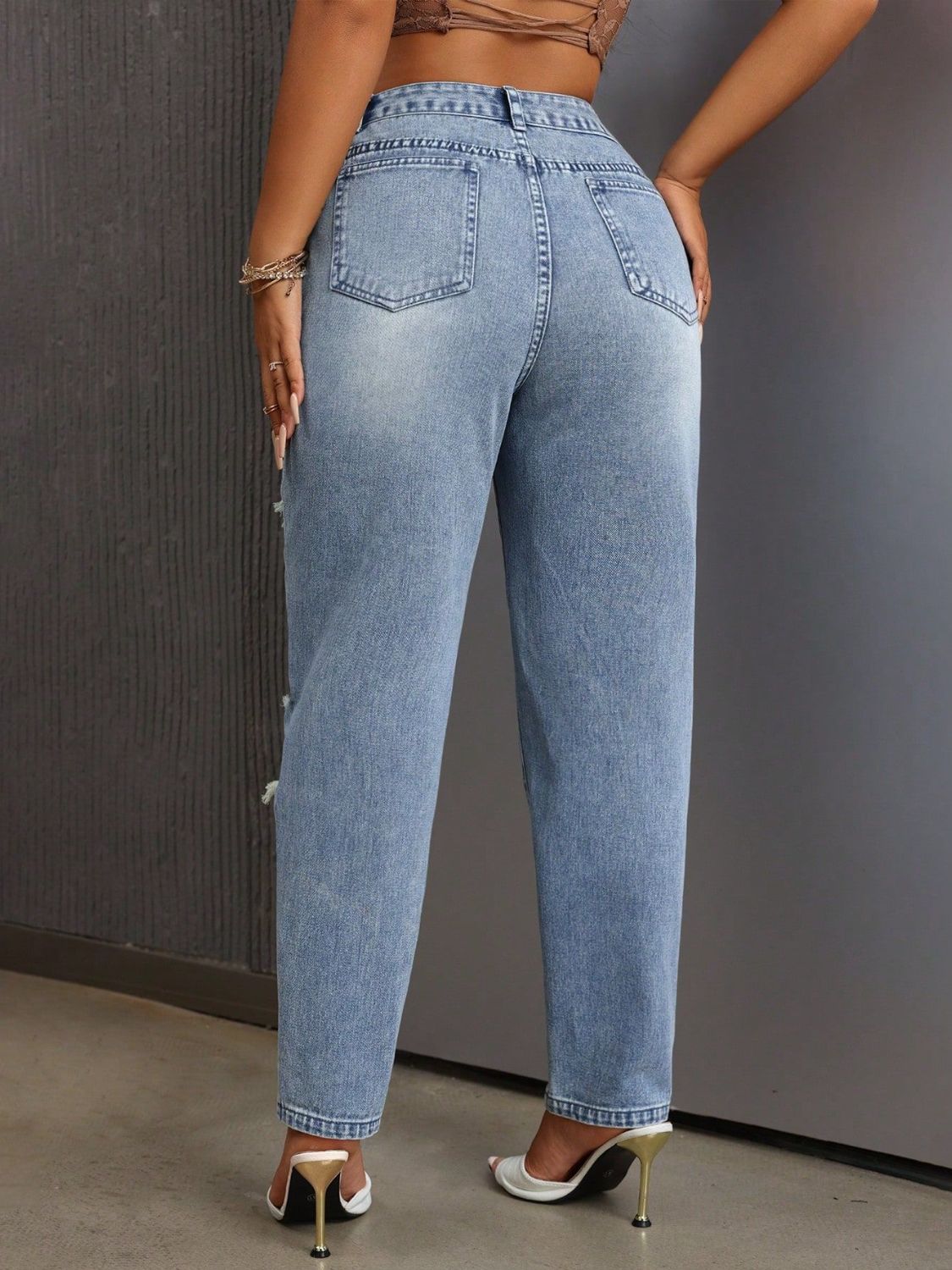 Distressed High Rise Jeans with Pockets-BOTTOMS SIZES SMALL MEDIUM LARGE-[Adult]-[Female]-2022 Online Blue Zone Planet