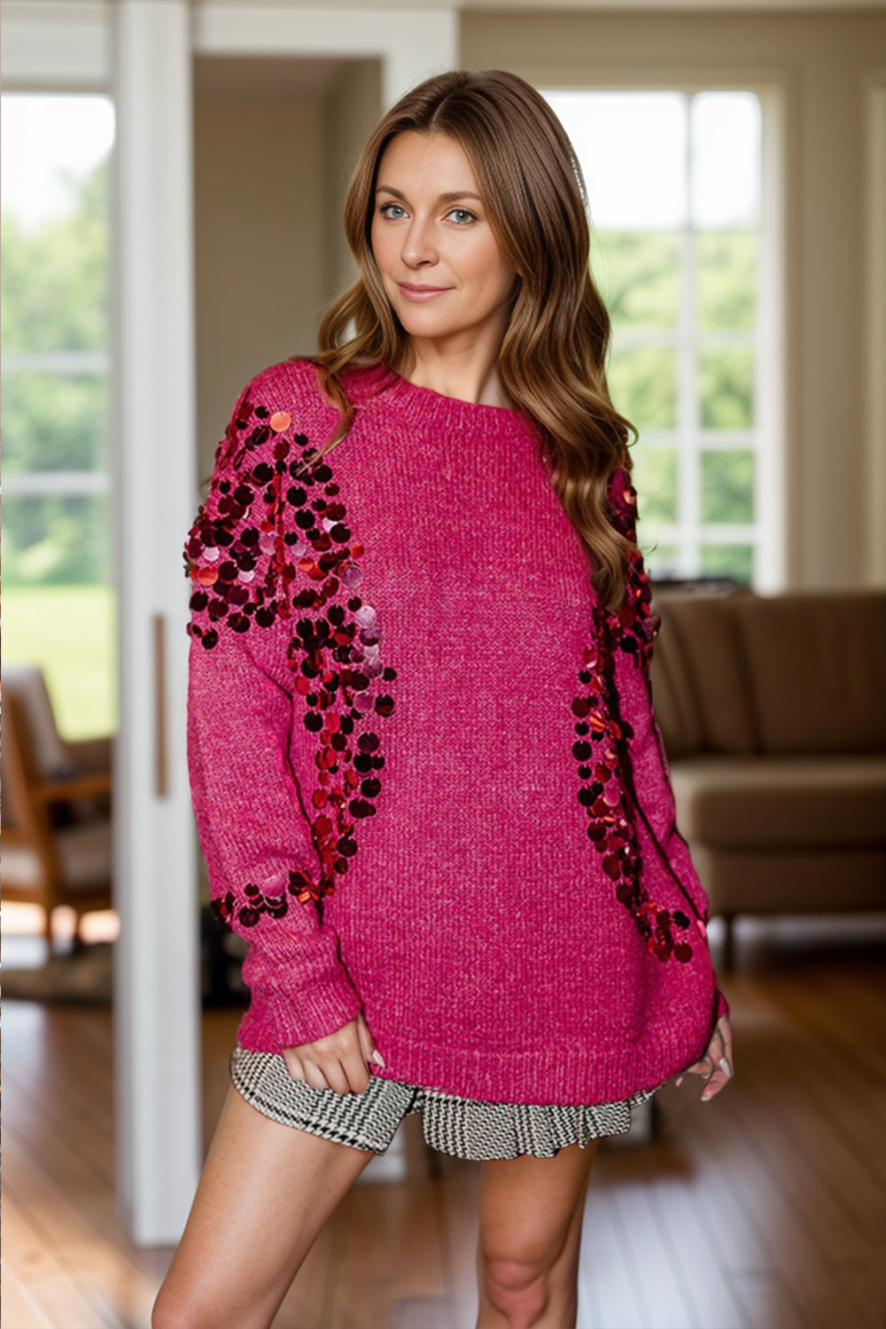 Sequin Round Neck Long Sleeve Sweater-TOPS / DRESSES-[Adult]-[Female]-Deep Rose-S-2022 Online Blue Zone Planet