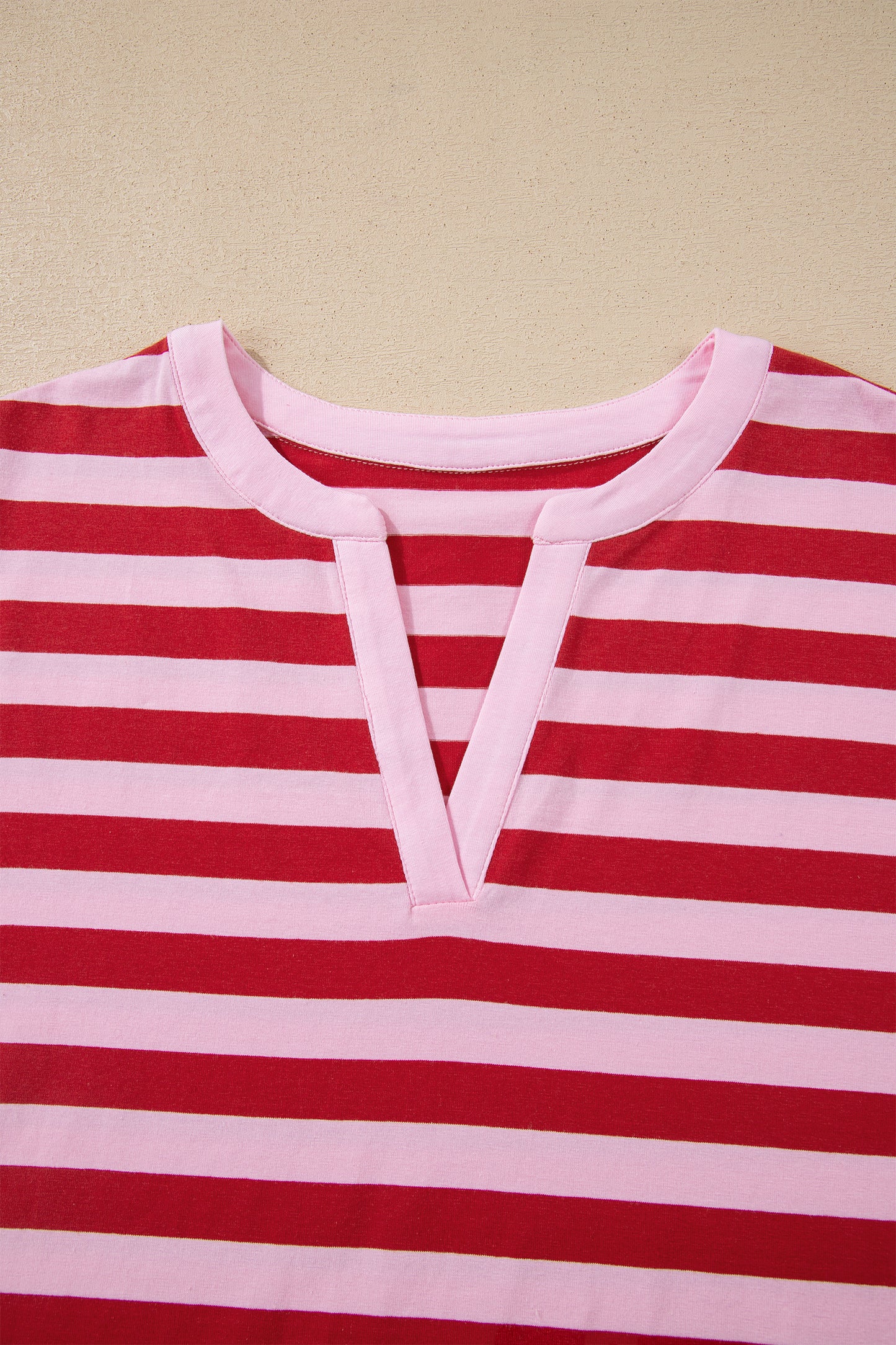 Pink Stripe Split V Neck Casual T Shirt-Tops/Tops & Tees-[Adult]-[Female]-2022 Online Blue Zone Planet