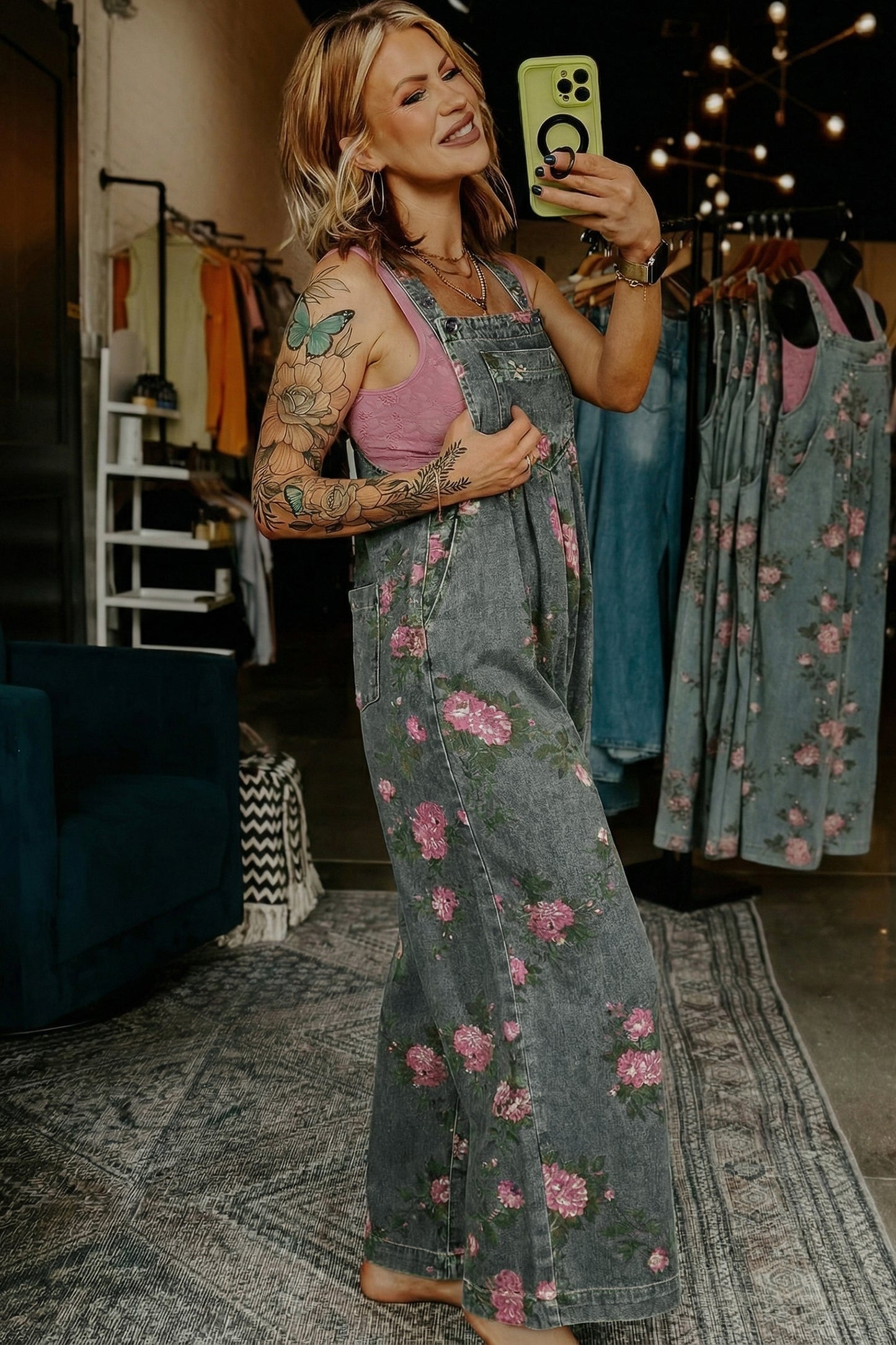 Blue Beau Floral Print Pleated High Waist Wide Leg Denim Jumpsuit-Bottoms/Jumpsuits & Rompers-[Adult]-[Female]-2022 Online Blue Zone Planet