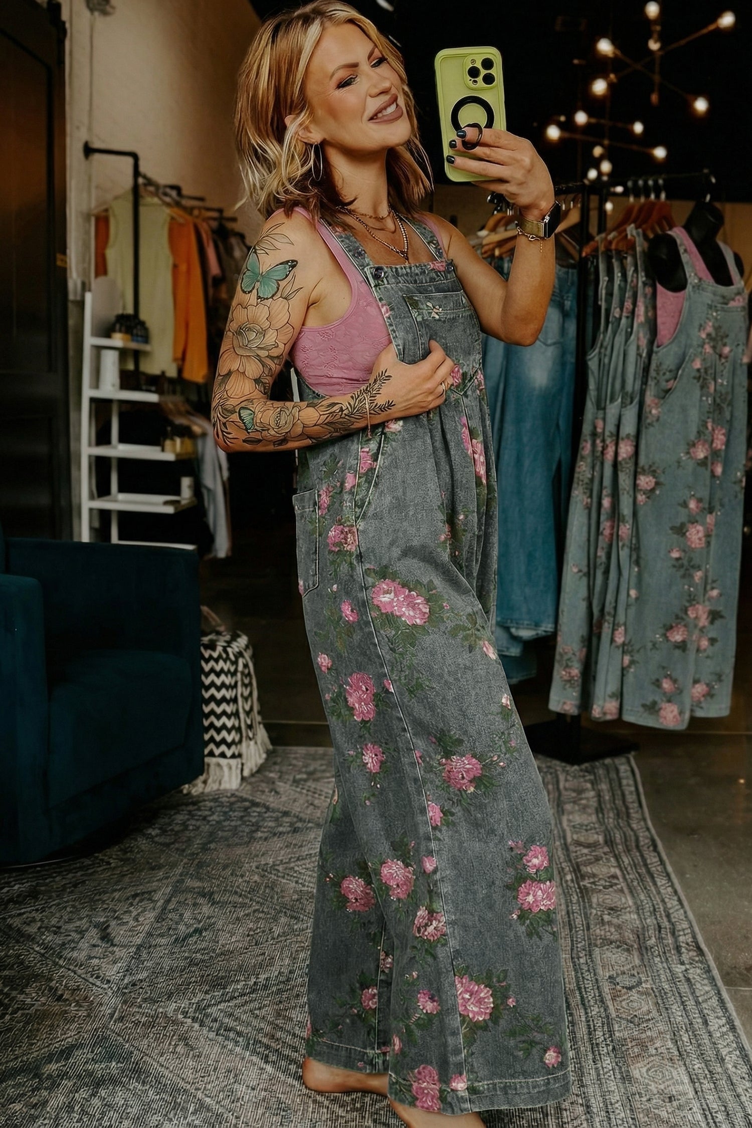 Blue Beau Floral Print Pleated High Waist Wide Leg Denim Jumpsuit-Bottoms/Jumpsuits & Rompers-[Adult]-[Female]-2022 Online Blue Zone Planet