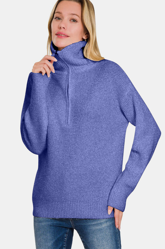 Zenana Half Zip Long Sleeve Sweater-TOPS / DRESSES-[Adult]-[Female]-Marlin-S-2022 Online Blue Zone Planet