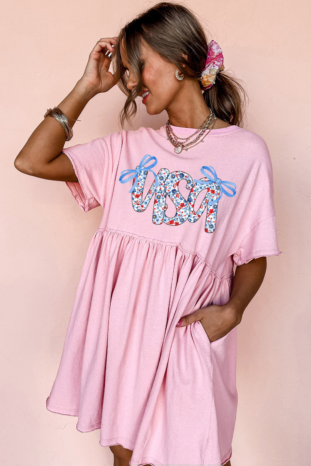 Light Pink USA Floral Bow Print Drop Shoulder Babydoll Dress-Graphic Apparel-[Adult]-[Female]-2022 Online Blue Zone Planet