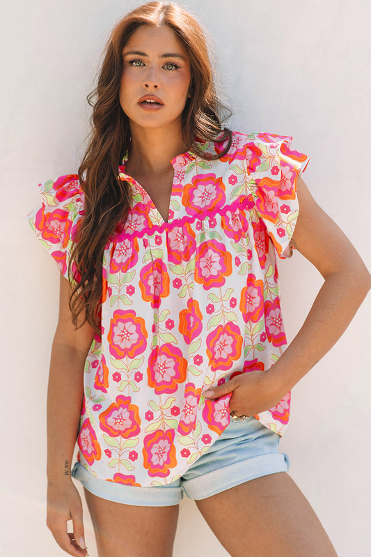 Rose Floral Ruffled Sleeve Ric-rac Trim Split Neck Loose Blouse-Tops/Blouses & Shirts-[Adult]-[Female]-Rose-S-2022 Online Blue Zone Planet