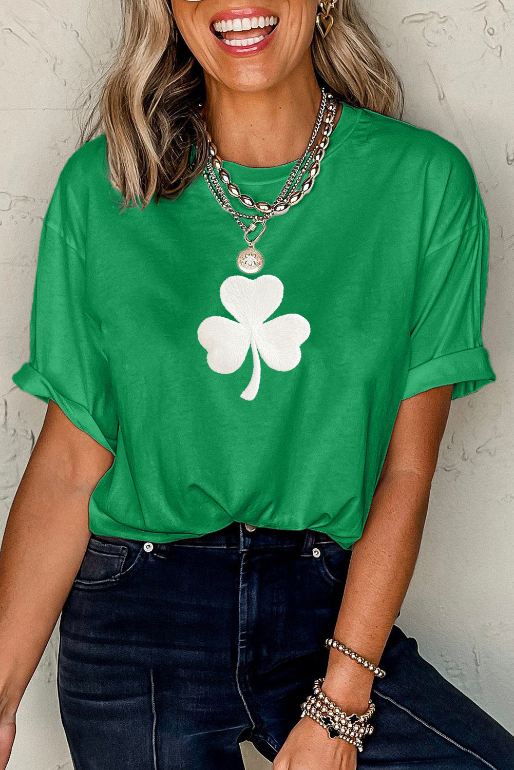 Bright Green Embroidered Clover Pattern St Patrick Tee-Graphic/Graphic Tees-[Adult]-[Female]-Bright Green-S-2022 Online Blue Zone Planet