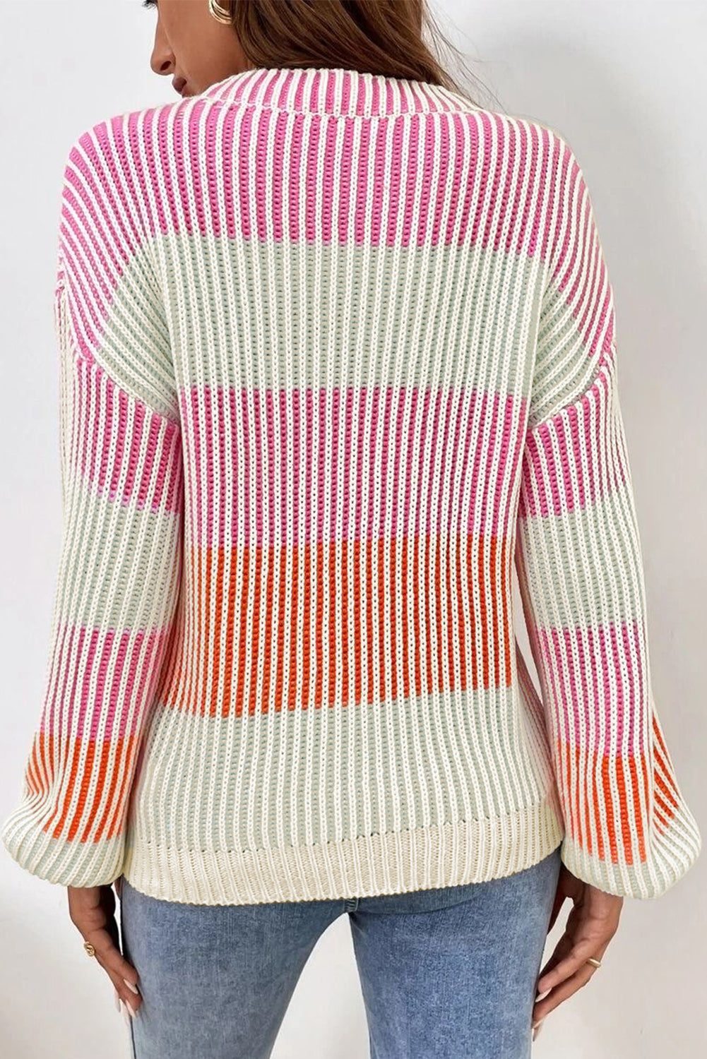 Pink Colorblock Textured Knit Bubble Sleeve Sweater-Sweaters & Cardigans/Sweaters-[Adult]-[Female]-2022 Online Blue Zone Planet