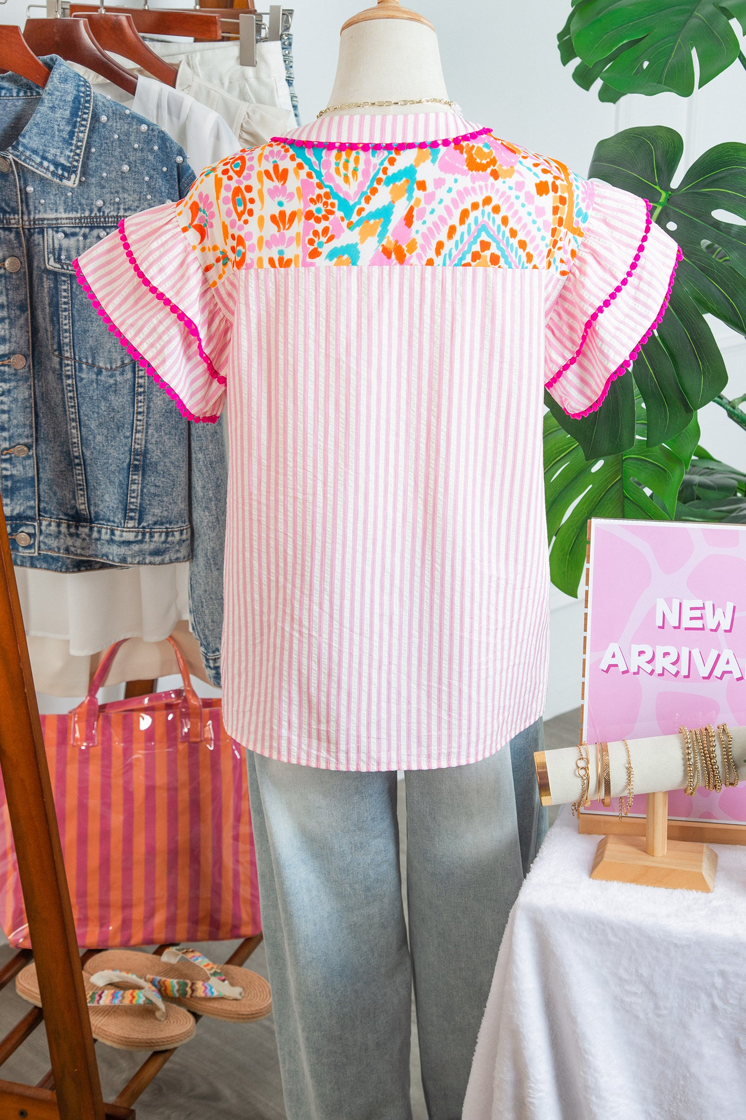 Rose Boho Mixed Print Contrast Trim Striped Patchwork Tiered Short Sleeve Blouse-Tops/Blouses & Shirts-[Adult]-[Female]-2022 Online Blue Zone Planet