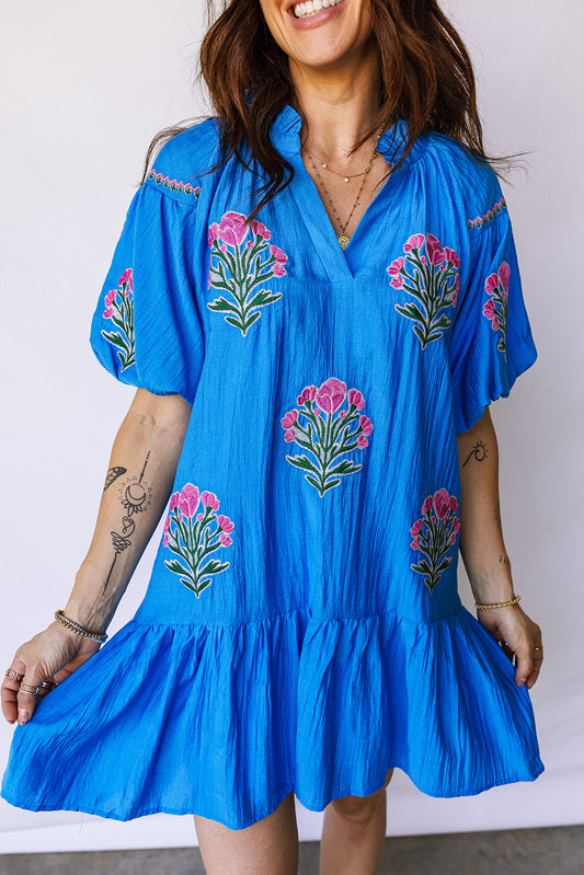 Blue Flower Embroidered Split Neck Short Puff Sleeve Ruffle Hem Dress-TOPS / DRESSES-[Adult]-[Female]-Blue-S-2022 Online Blue Zone Planet
