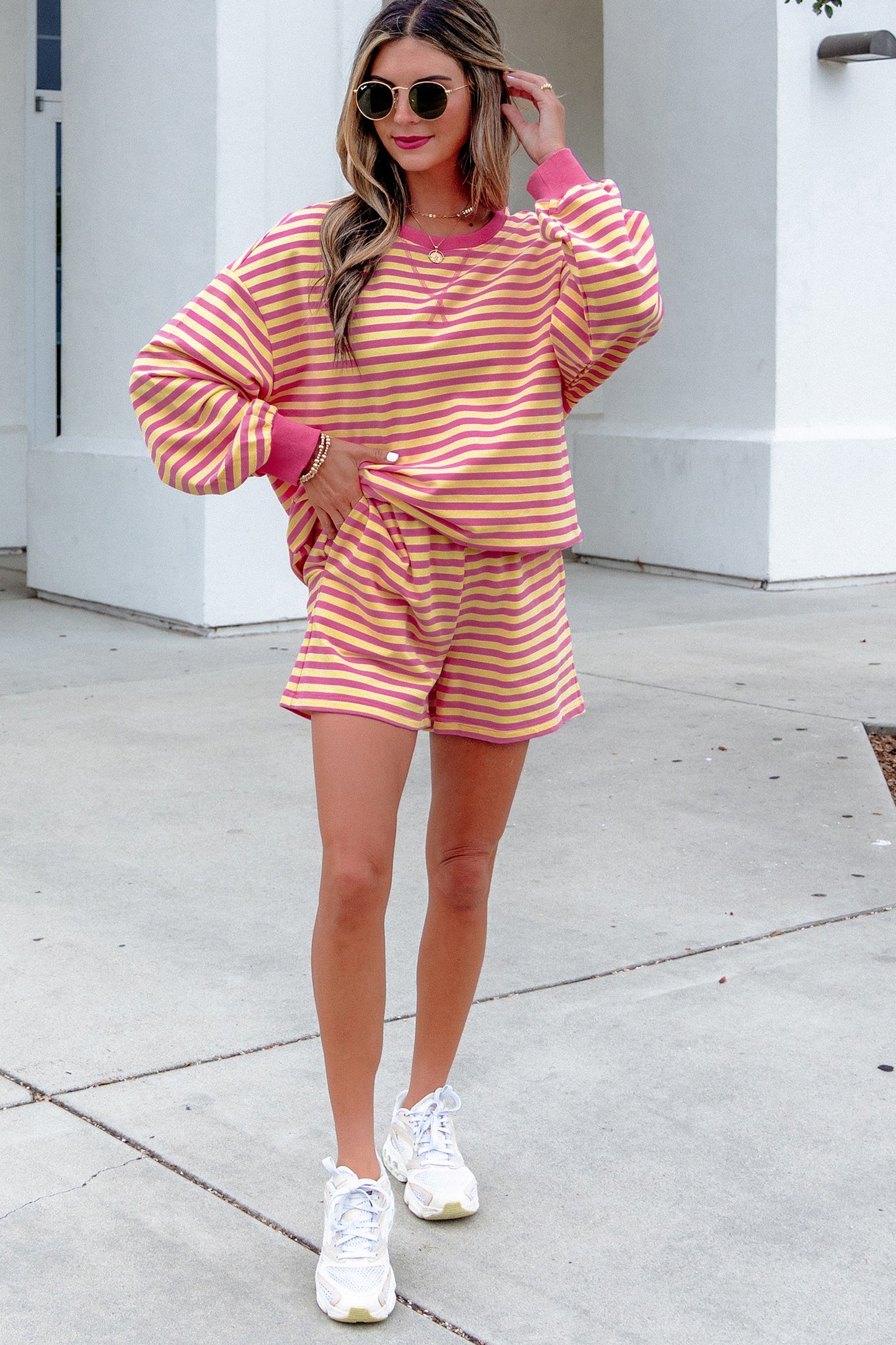 Yellow Stripe Color Block Trim Round Neck Long Sleeve Top Casual Shorts 2pcs Set-Two Piece Sets/Short Sets-[Adult]-[Female]-2022 Online Blue Zone Planet