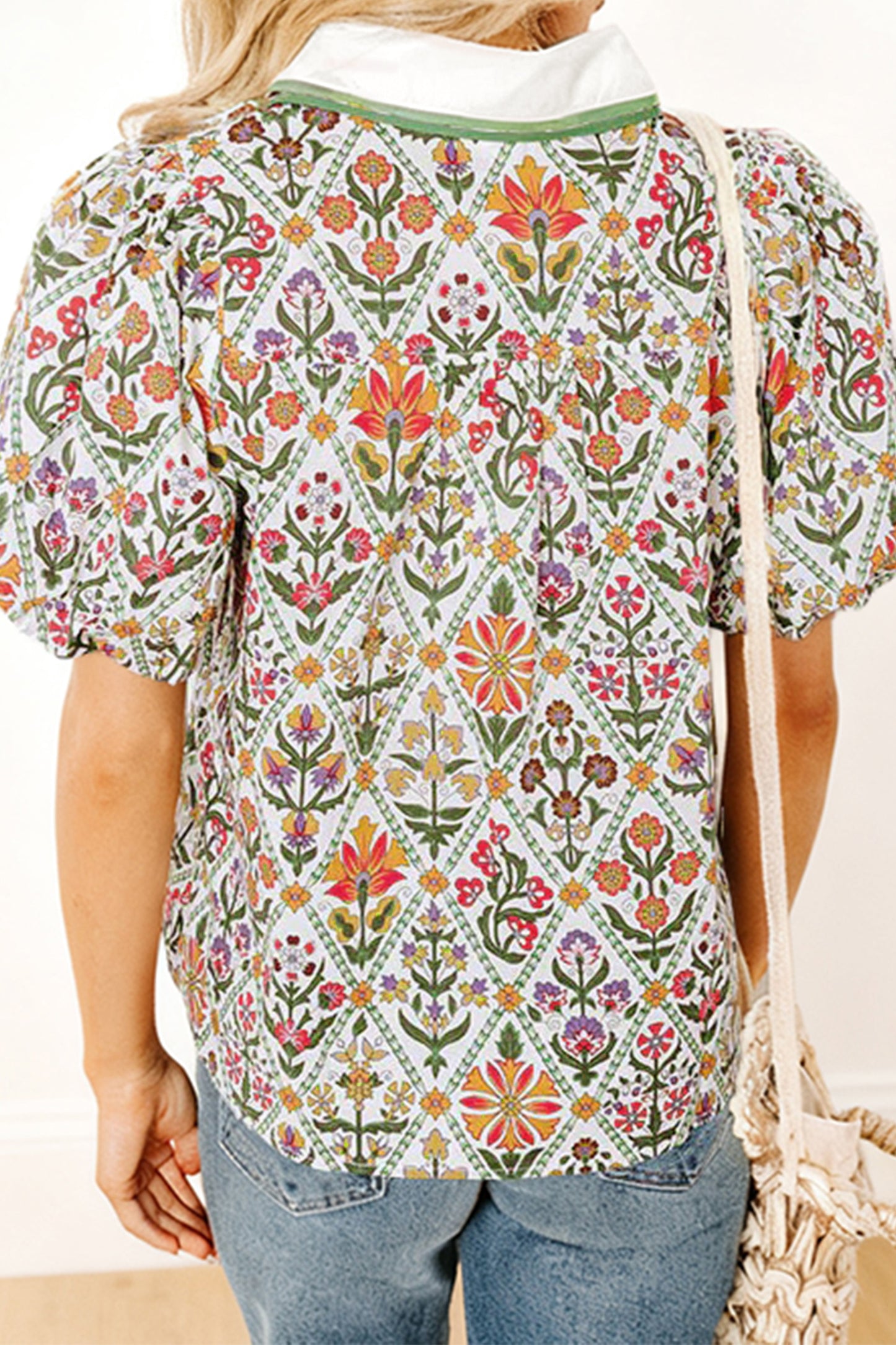 Green Short Bubble Sleeve Floral Shirt-Tops/Blouses & Shirts-[Adult]-[Female]-2022 Online Blue Zone Planet