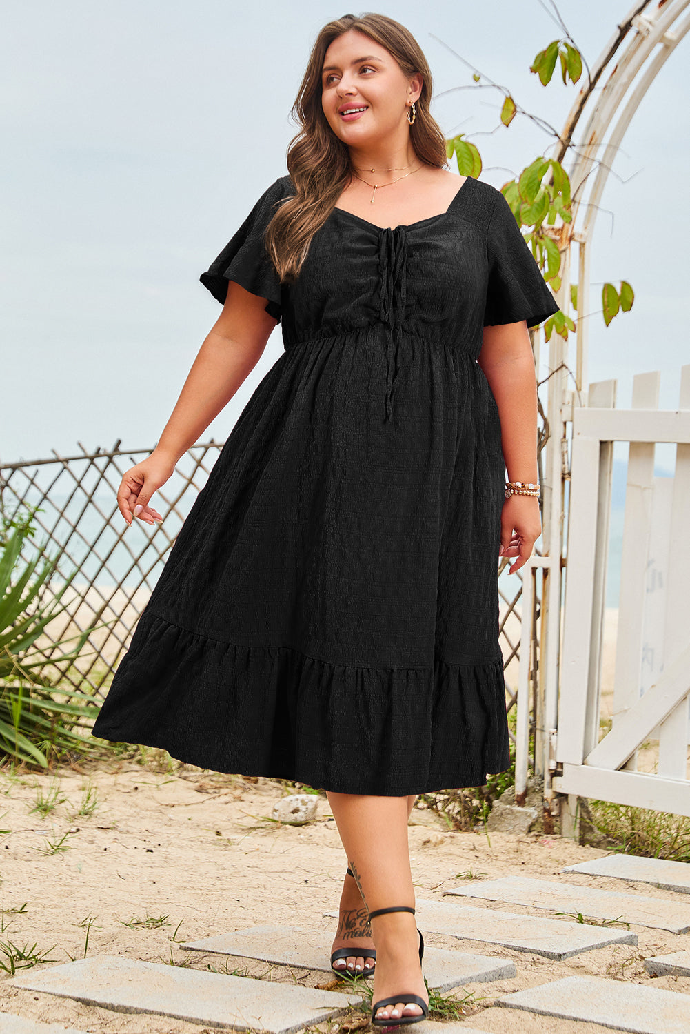 Blue Plus Size Short Sleeve Lace-up High Waist Midi Dress-Plus Size Midi Dresses-[Adult]-[Female]-Black-1X-2022 Online Blue Zone Planet