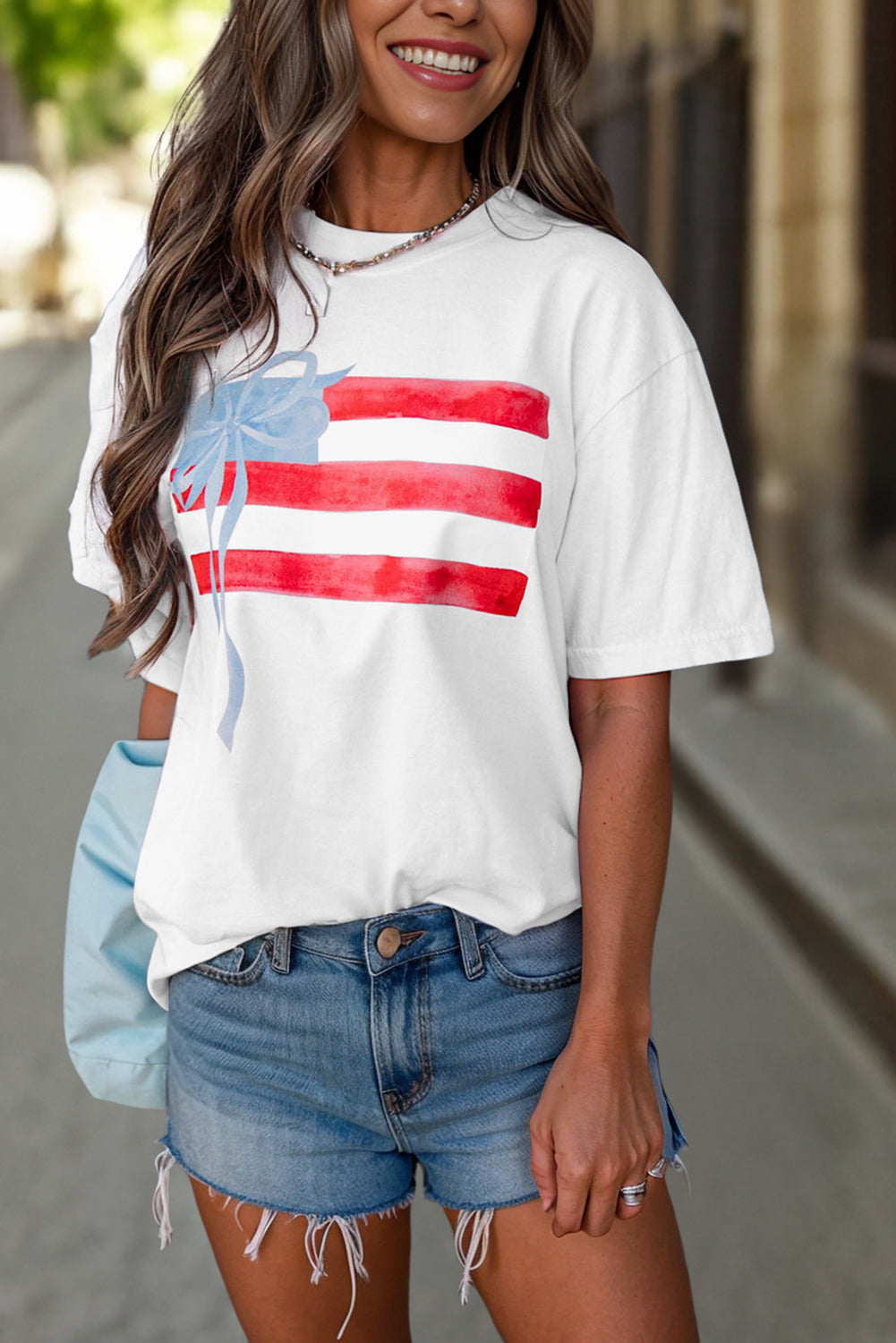 White Flag Bow Graphic Crewneck Tee-Tops/Tops & Tees-[Adult]-[Female]-2022 Online Blue Zone Planet