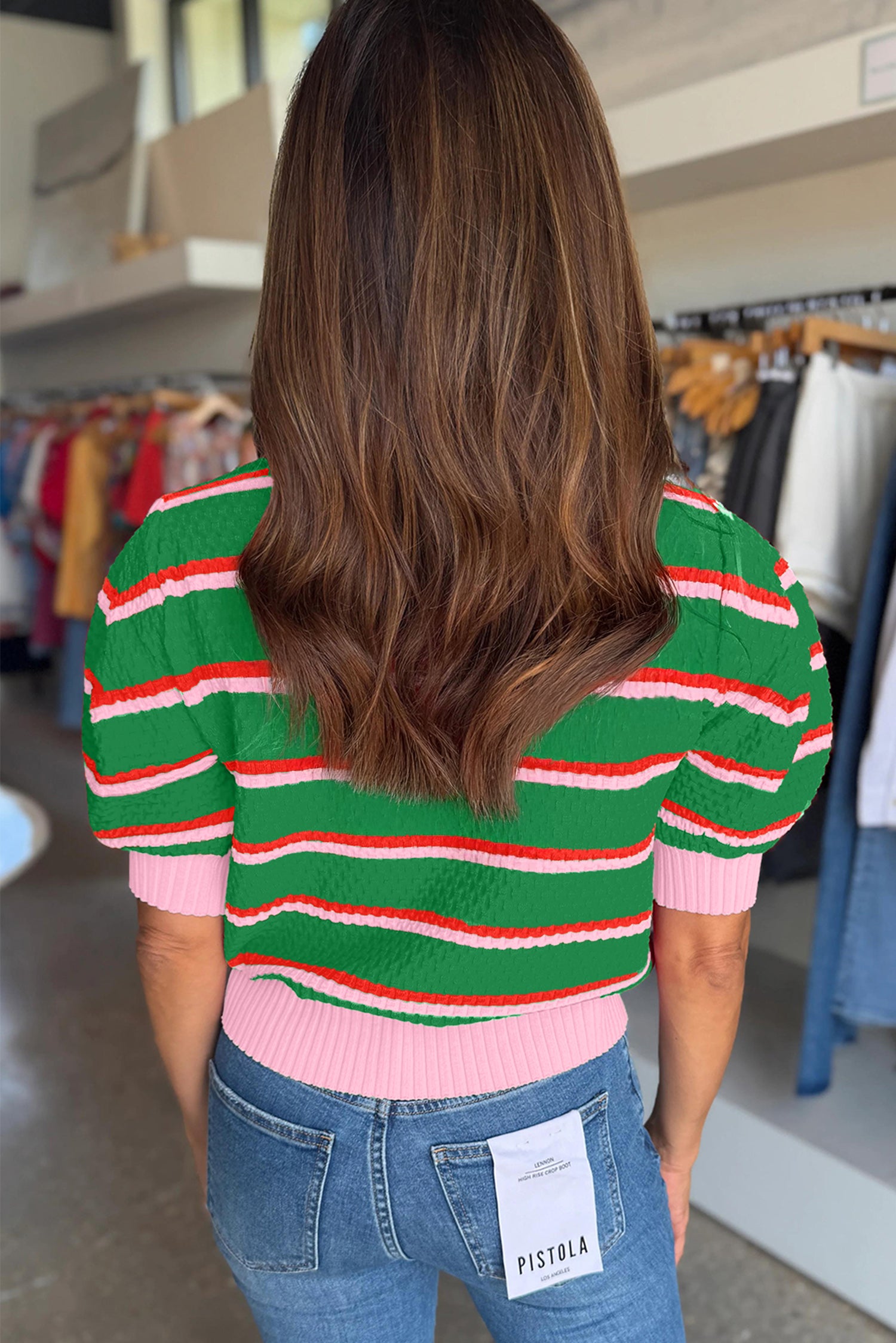 Green Stripe Colorblock Trim Half Sleeve Sweater Top-TOPS / DRESSES-[Adult]-[Female]-2022 Online Blue Zone Planet