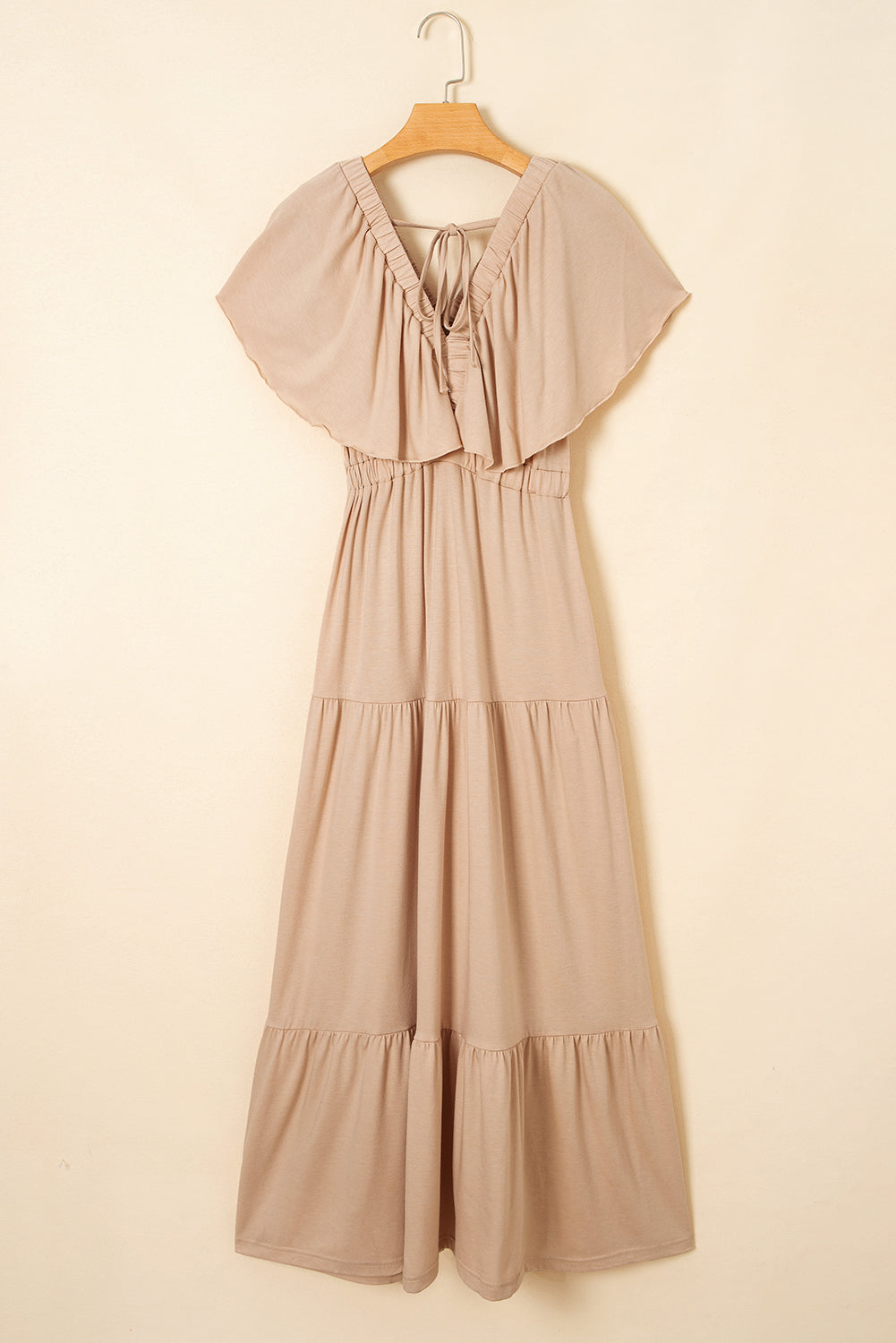 Parchment Textured V Neck Flutter Sleeve Ruffled Maxi Dress-Dresses/Maxi Dresses-[Adult]-[Female]-2022 Online Blue Zone Planet