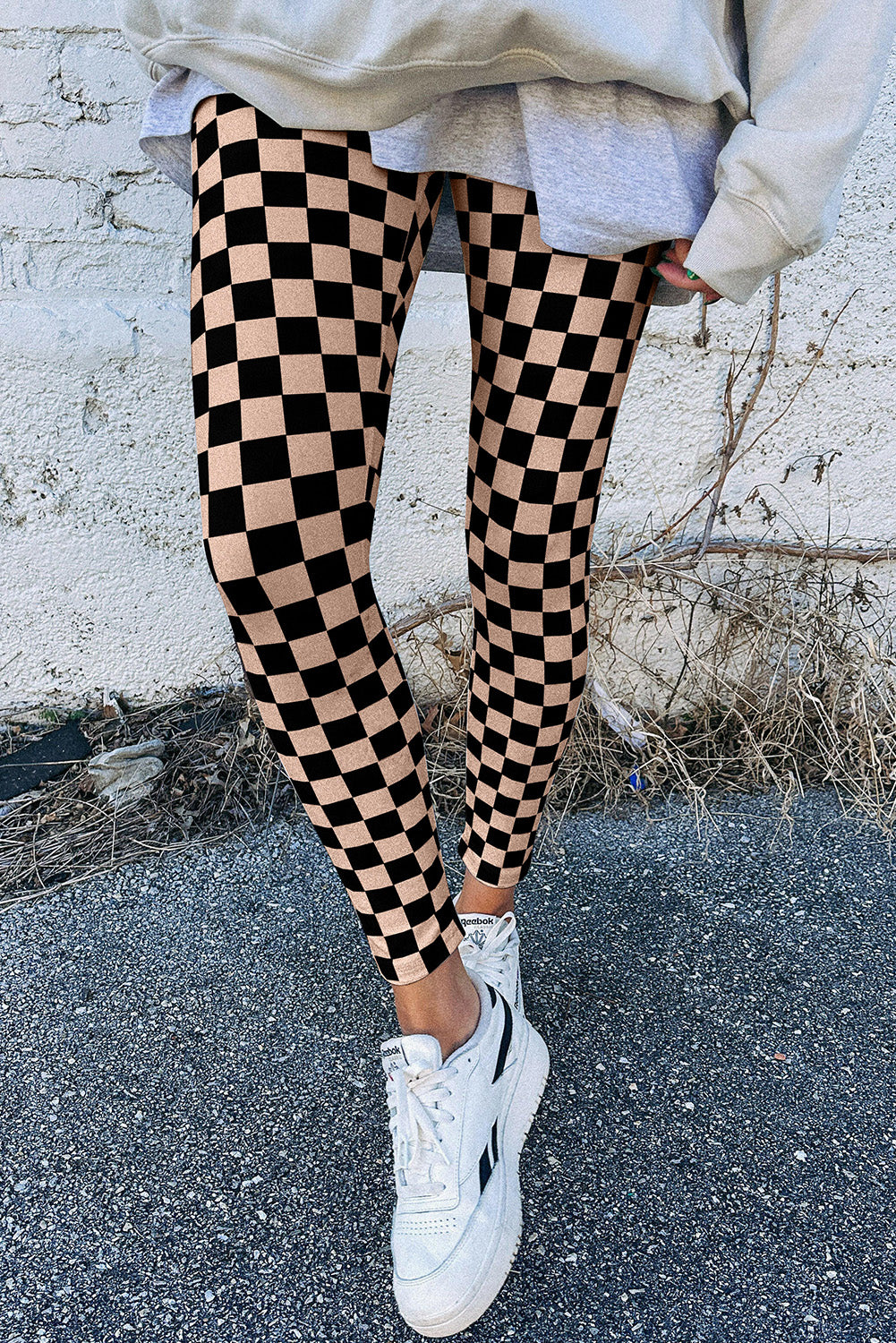 Khaki Checkered Pattern High Waist Skinny Leggings-Bottoms/Leggings-[Adult]-[Female]-Khaki-S-2022 Online Blue Zone Planet