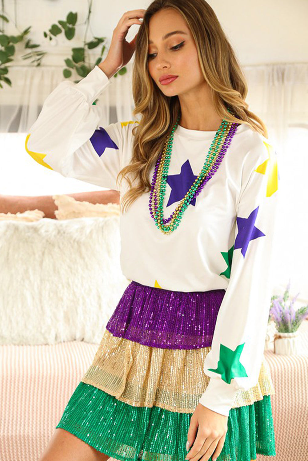 White Mardi Gras Star Printed Long Sleeve Top-Tops/Long Sleeve Tops-[Adult]-[Female]-2022 Online Blue Zone Planet