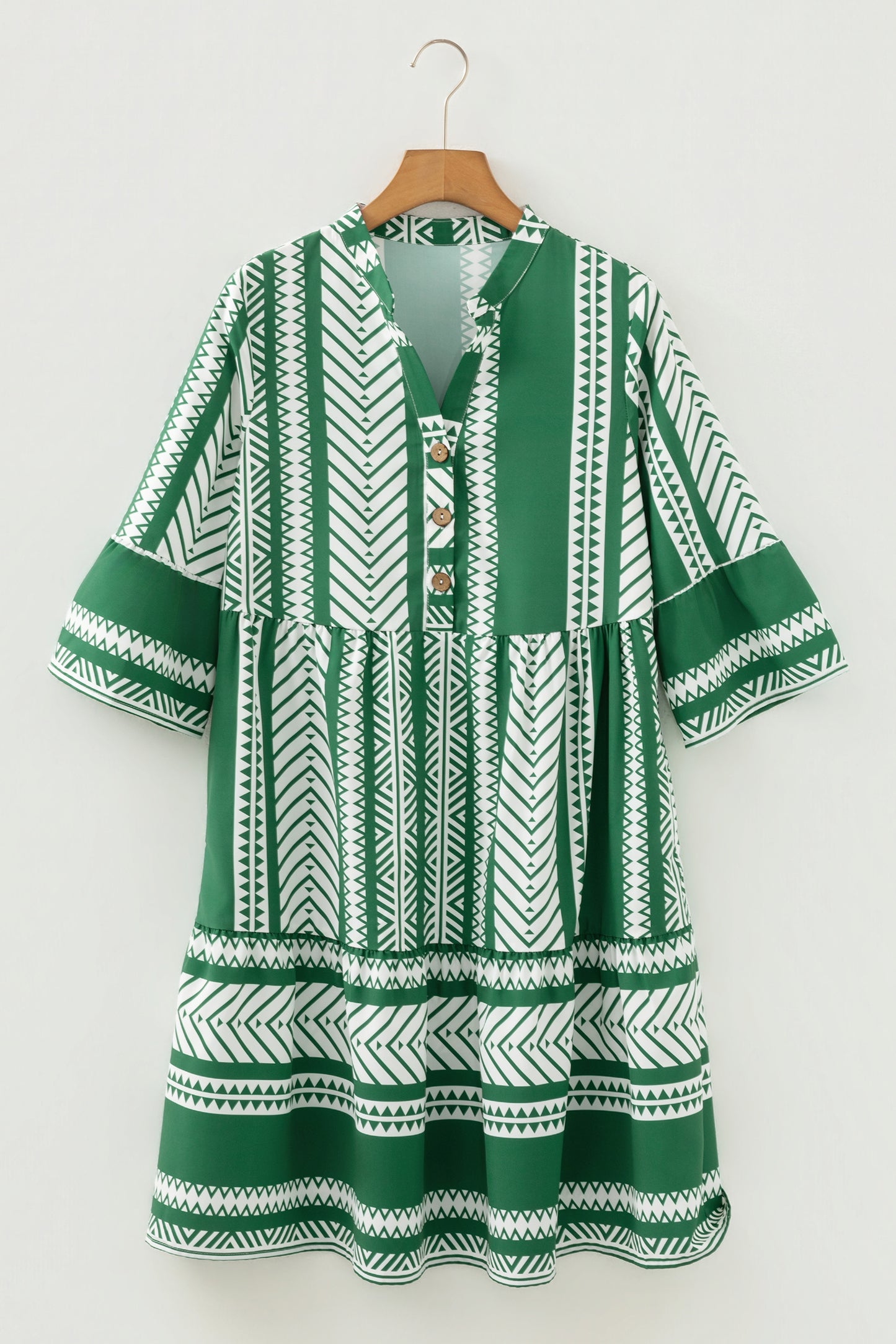 Green Boho Ethnic Print Half Button 3/4 Sleeve Casual Dress-TOPS / DRESSES-[Adult]-[Female]-2022 Online Blue Zone Planet
