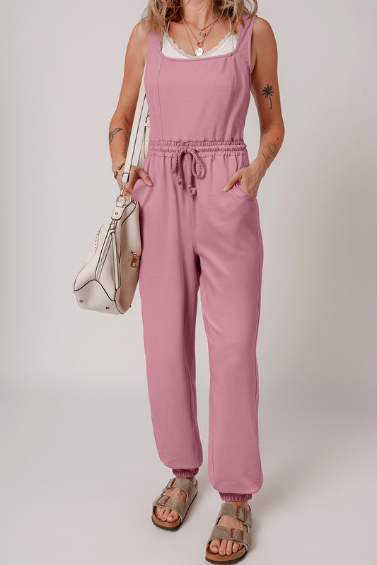 Light Pink Lace-up Elastic Waist Sleeveless Square Neck Jumpsuit-Bottoms/Jumpsuits & Rompers-[Adult]-[Female]-Light Pink-S-2022 Online Blue Zone Planet