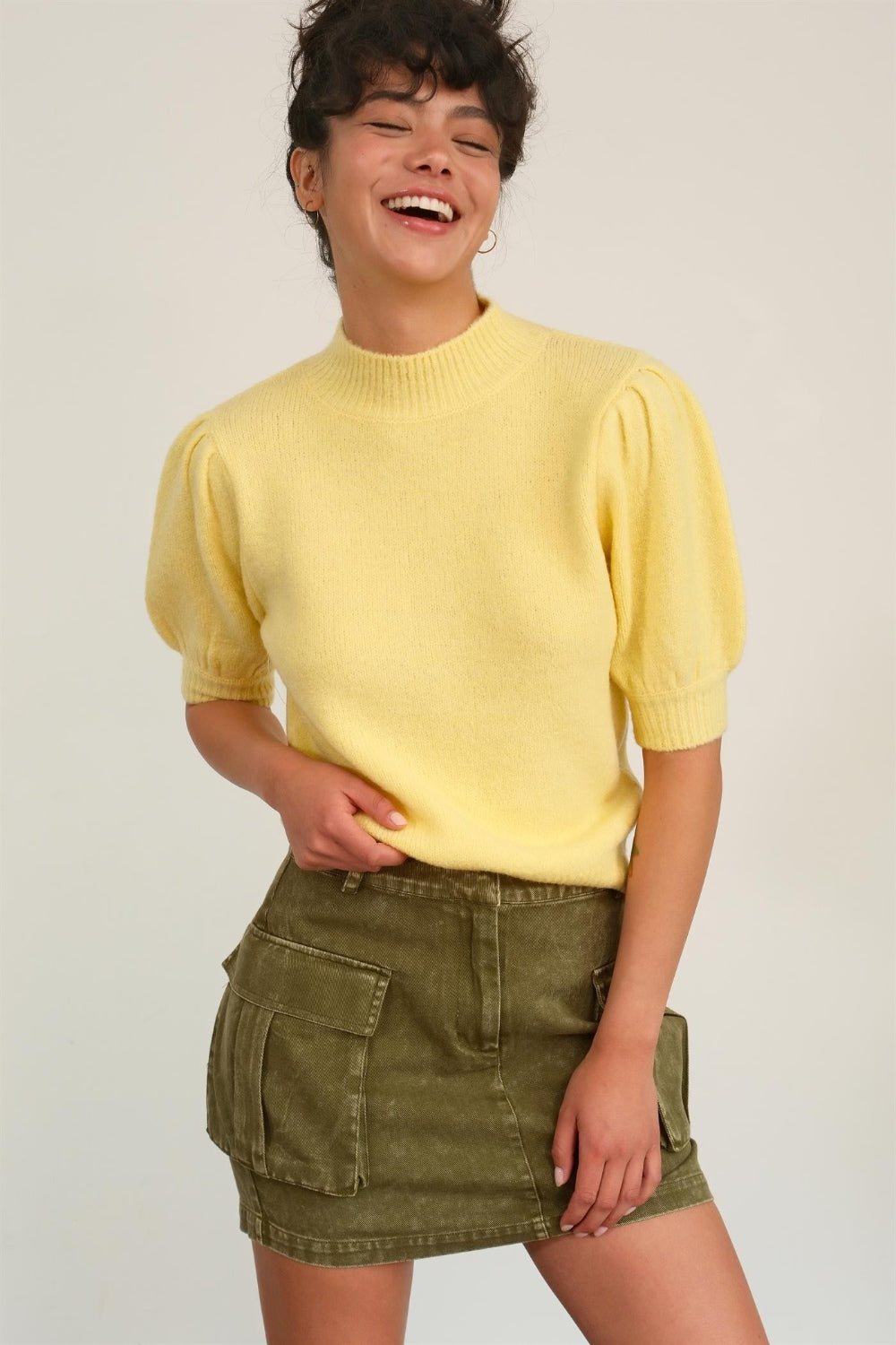 HYFVE Mock Neck Puff Sleeve Sweater-TOPS / DRESSES-[Adult]-[Female]-Creamy Yellow-S-2022 Online Blue Zone Planet