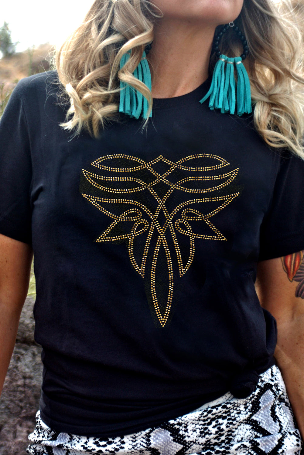 Black Rhinestone Western Pattern Cotton Blend Graphic T Shirt-Graphic/Graphic Tees-[Adult]-[Female]-2022 Online Blue Zone Planet