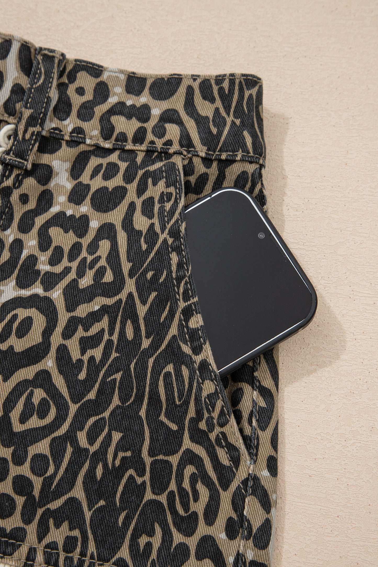 Khaki Contrast Scalloped Lace Trim Leopard Denim Shorts-Bottoms/Denim Shorts-[Adult]-[Female]-2022 Online Blue Zone Planet