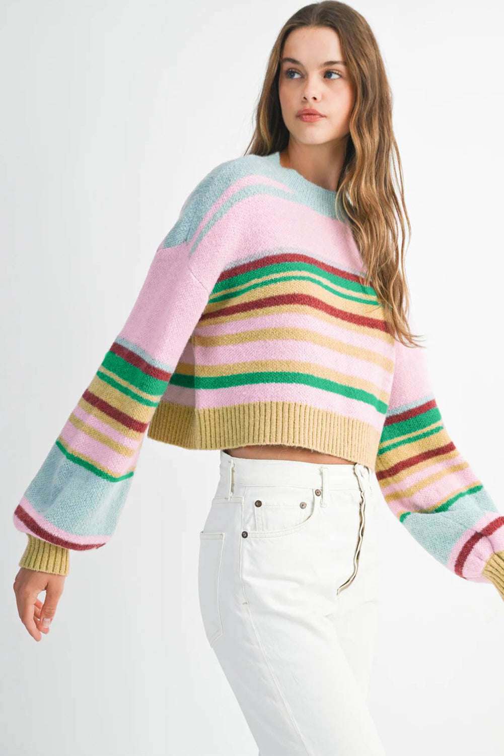 Multicolour Striped Knit Ribbed Trim Boxy Fit Cropped Sweater-Sweaters & Cardigans/Sweaters-[Adult]-[Female]-2022 Online Blue Zone Planet