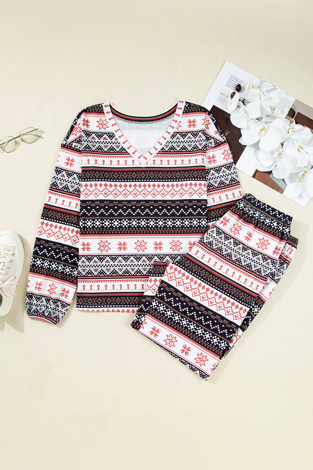 Black Retro Christmas Pattern Loose Pullover 2pcs Lounge Pant Set-Loungewear & Sleepwear/Loungewear-[Adult]-[Female]-2022 Online Blue Zone Planet