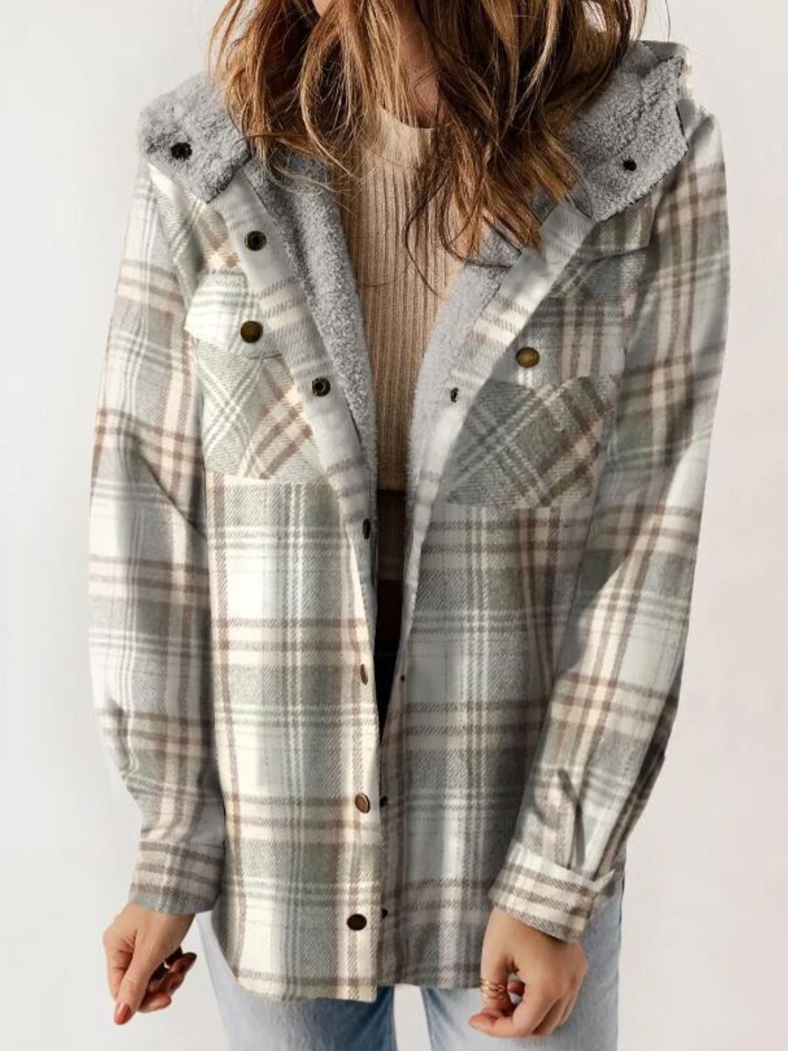 Plaid Snap Down Plush Hooded Jacket-TOPS / DRESSES-[Adult]-[Female]-Gray-S-2022 Online Blue Zone Planet