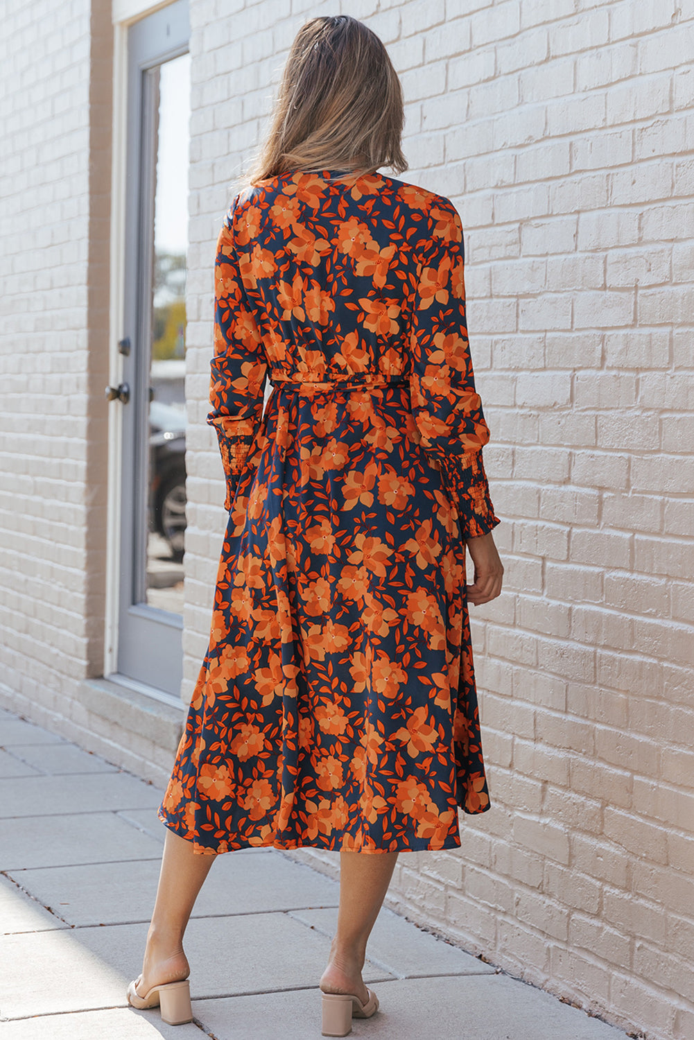 Blue Zone Planet | Orange Floral Print Faux Wrap Belted Dress-TOPS / DRESSES-[Adult]-[Female]-2022 Online Blue Zone Planet