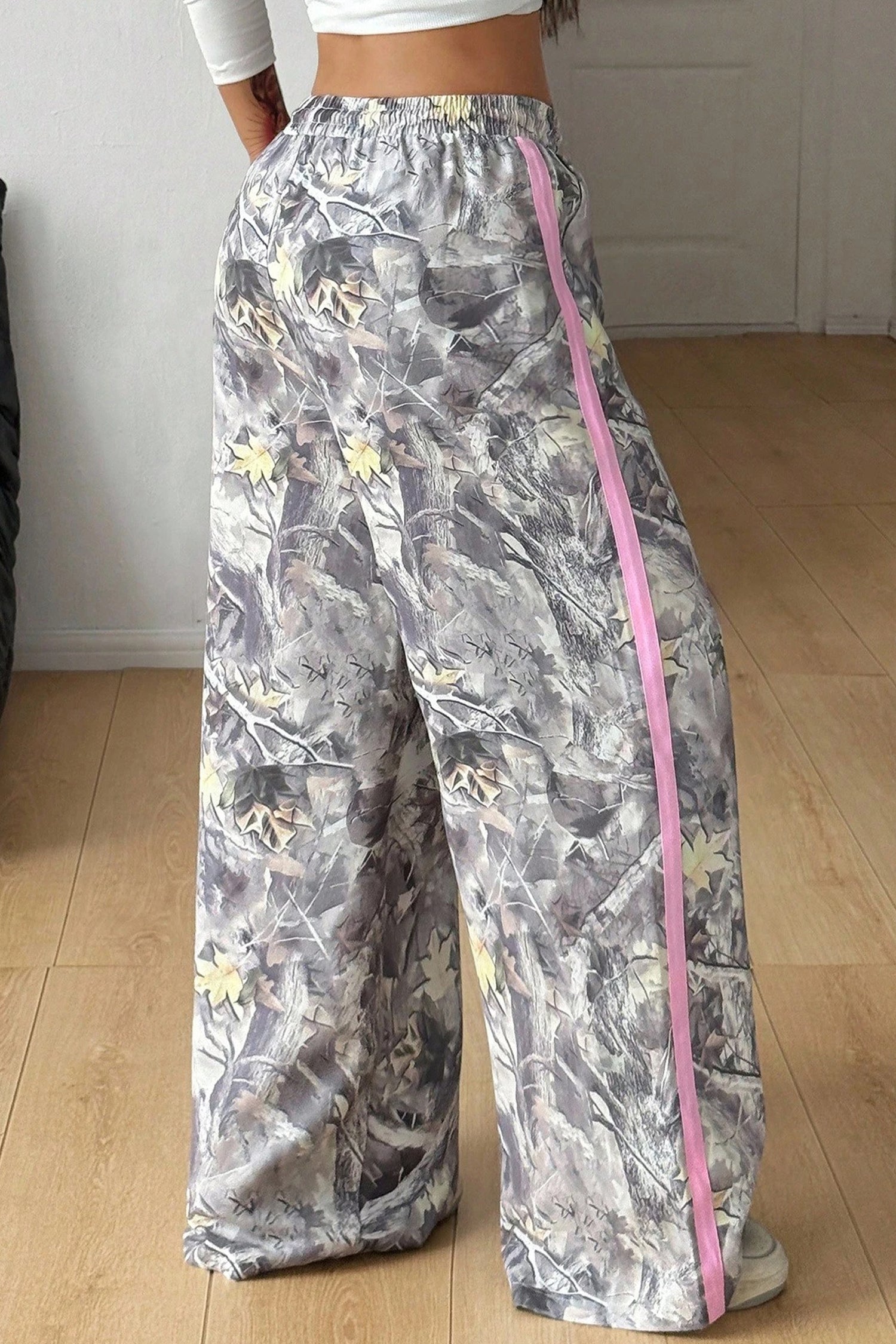 Gray Camo Woodland Print Color Block Detail Drawstring Wide Leg Sweatpants-Bottoms/Pants & Culotte-[Adult]-[Female]-2022 Online Blue Zone Planet
