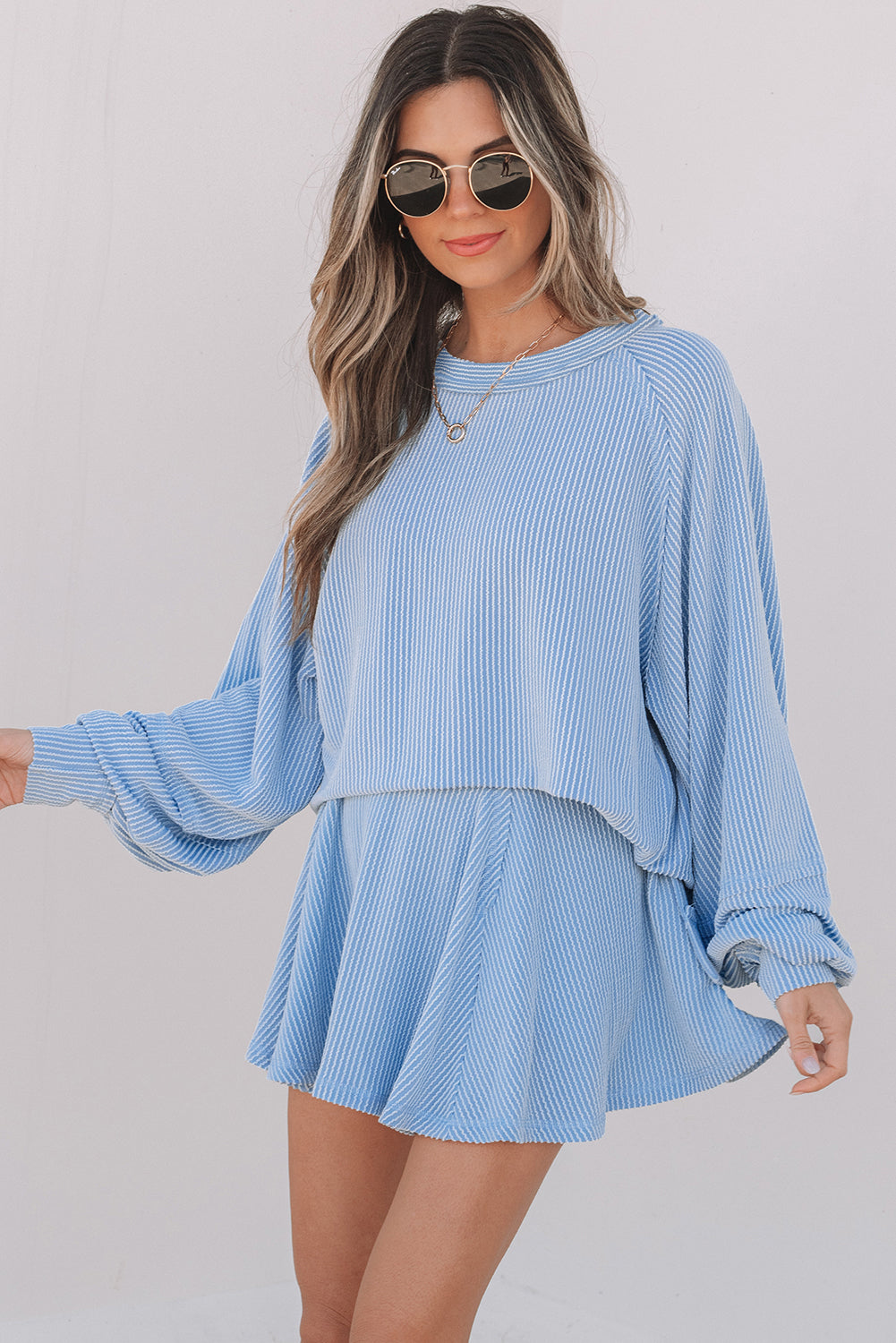 Dark Grey Corded Lantern Sleeve Top High Waist Ruffled Mini Skirt Set