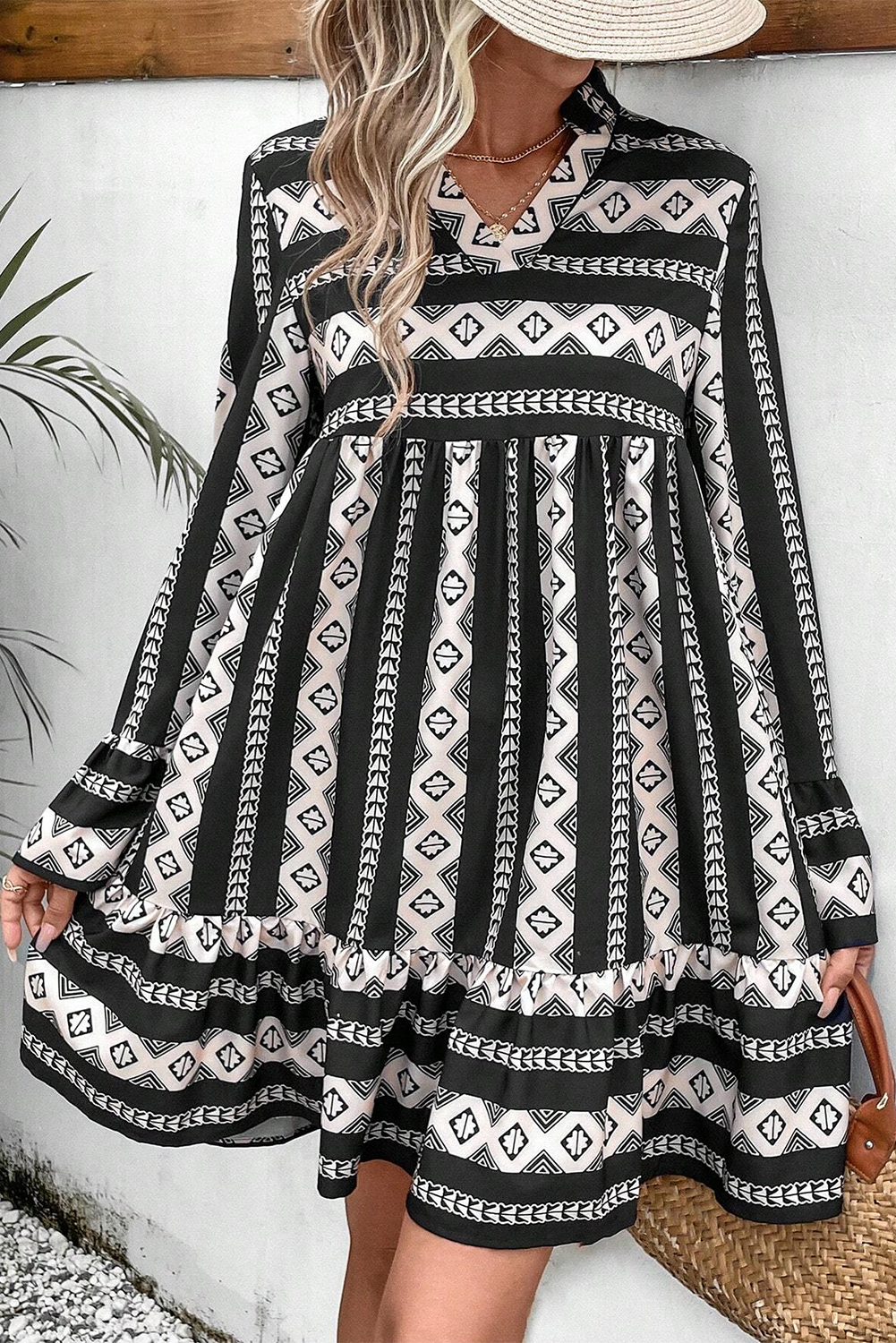 Black Boho Geometric Printed Flared Long Sleeve Mini Dress-Dresses/Mini Dresses-[Adult]-[Female]-2022 Online Blue Zone Planet